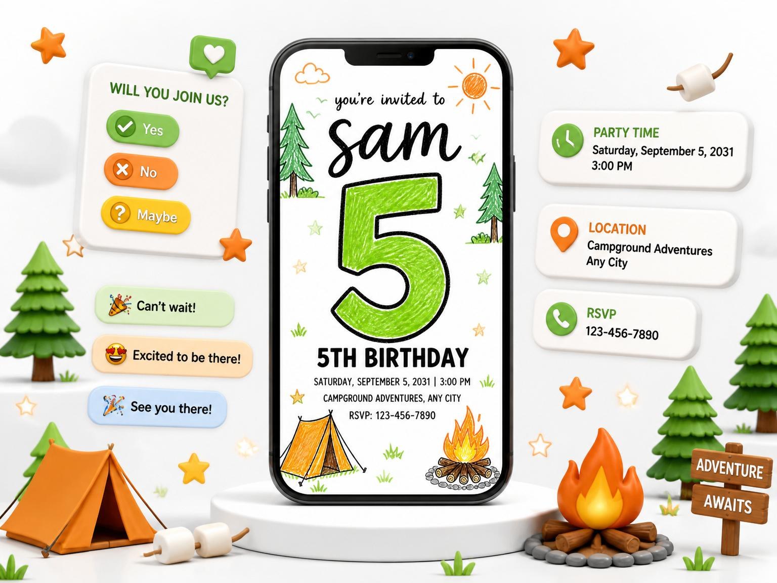 The Crayon Sketch Camping 5th Birthday invitation on a phone, with guest RSVPs arriving around it