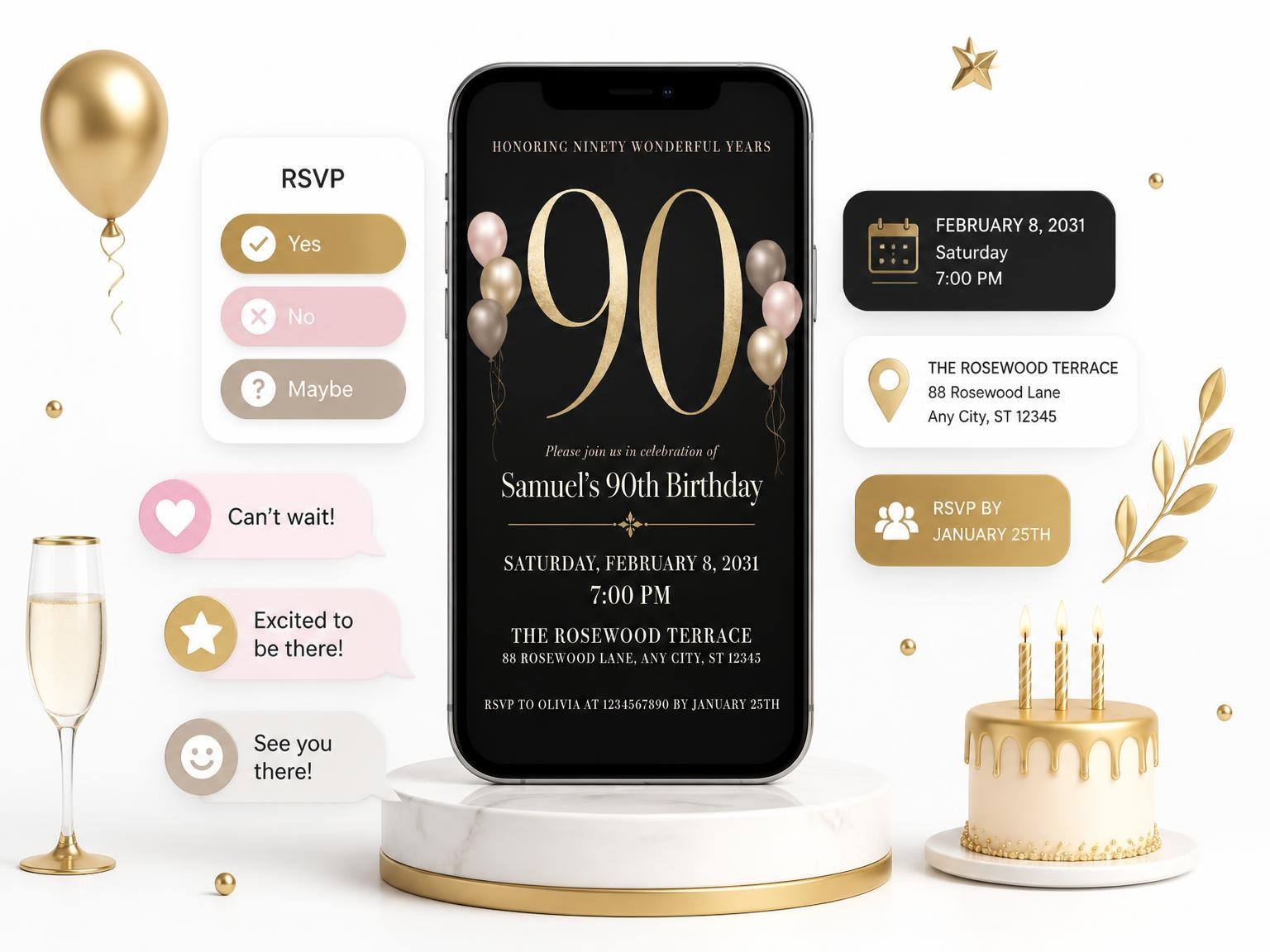The Charcoal and Blush 90th Birthday Invitation invitation on a phone, with guest RSVPs arriving around it