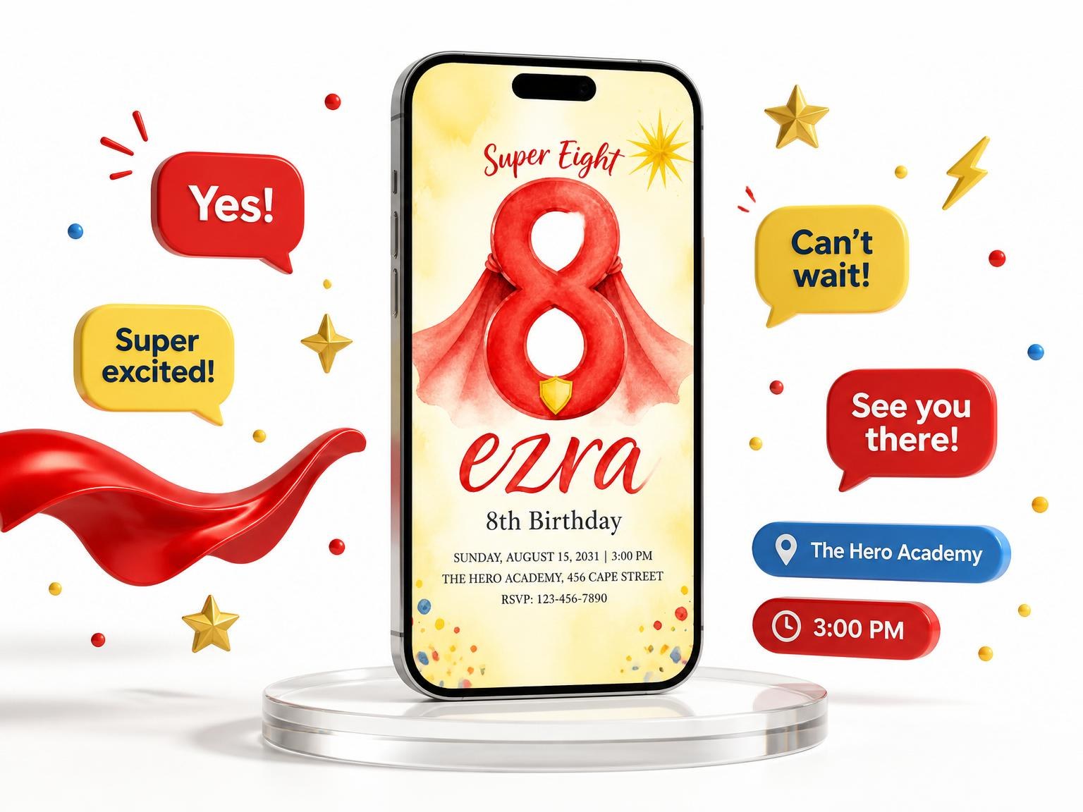 The Watercolor Superhero Cape 8th Birthday invitation on a phone, with guest RSVPs arriving around it
