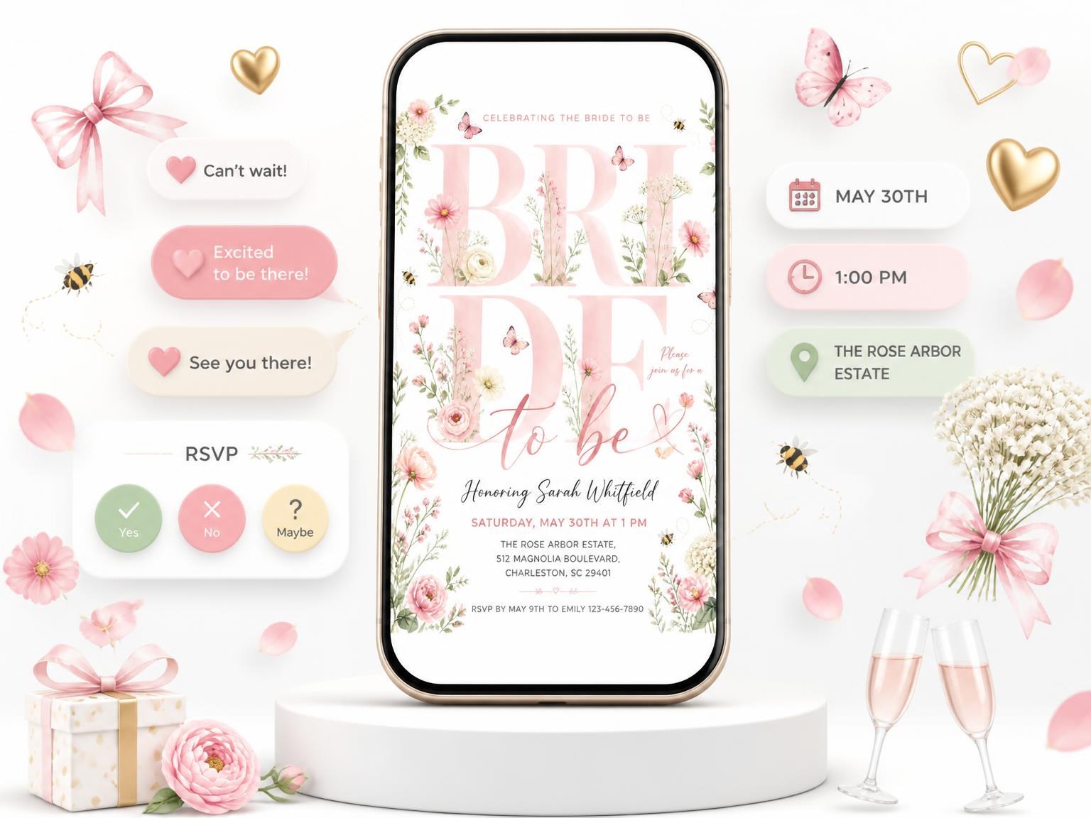 The Blush Floral Watercolor Bridal Shower invitation on a phone, with guest RSVPs arriving around it