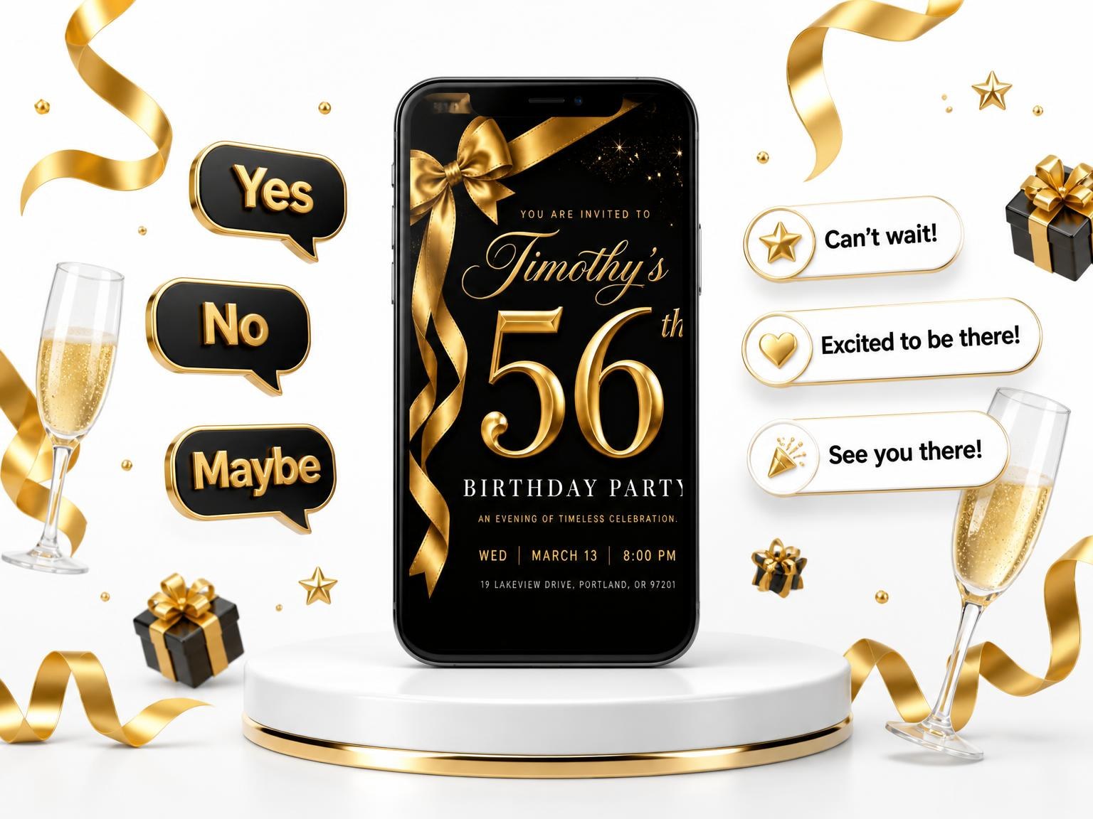 The Black and Gold Ribbon 56th Birthday invitation on a phone, with guest RSVPs arriving around it