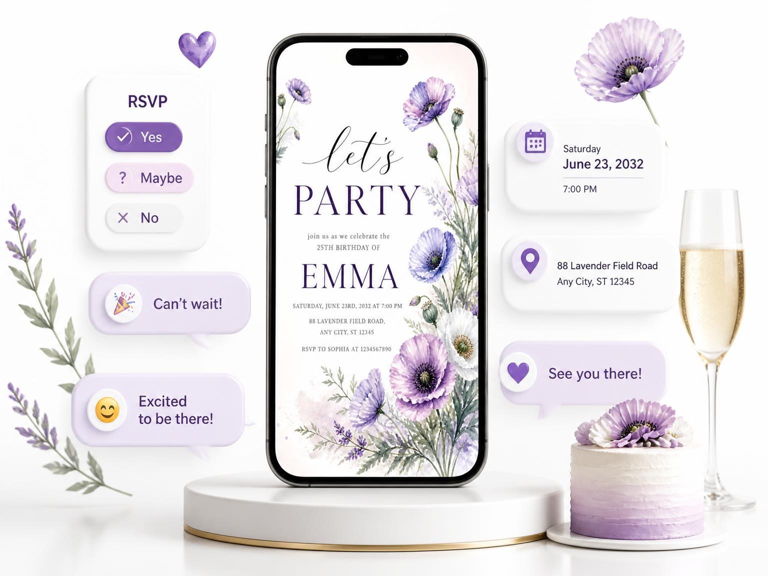 The Poppies Wildflowers 25th Birthday Invitation invitation on a phone, with guest RSVPs arriving around it