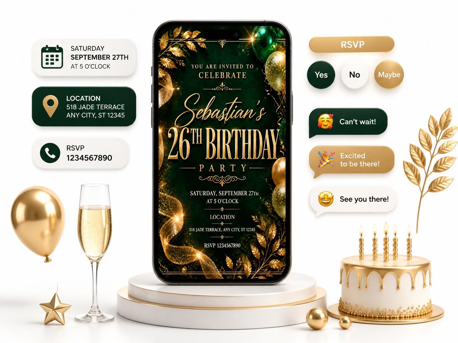 The Emerald and Champagne 26th Birthday Invitation invitation on a phone, with guest RSVPs arriving around it