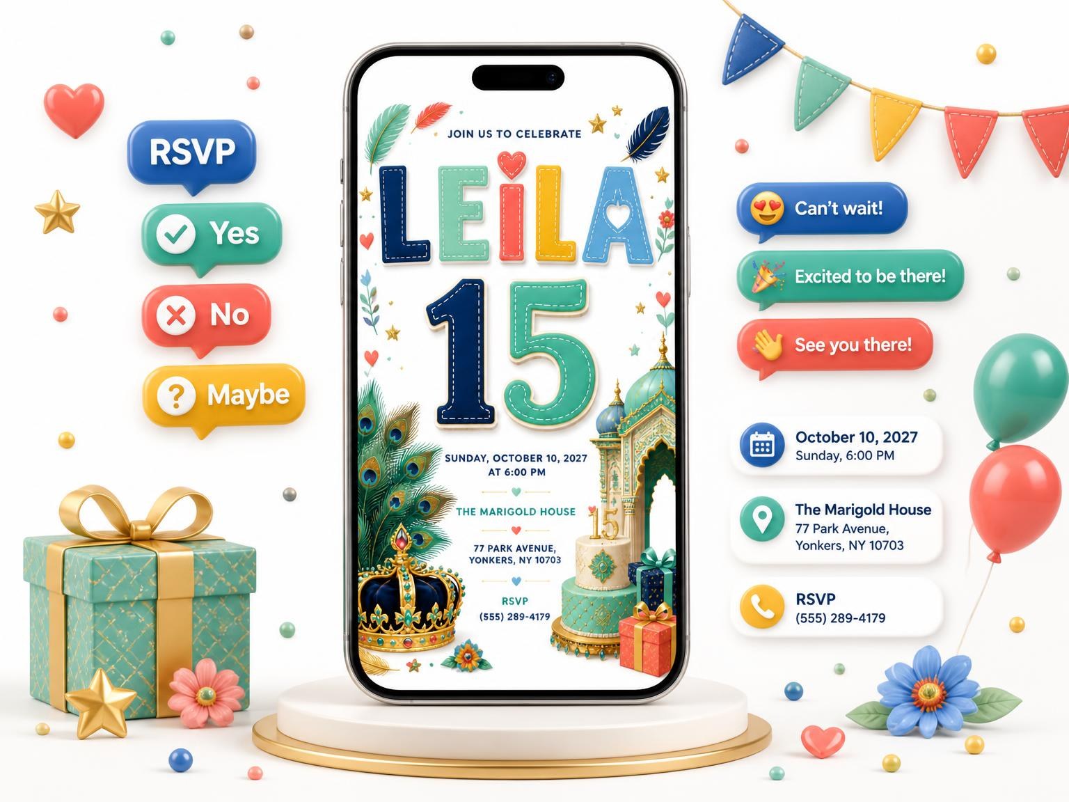 The Peacock Feathers 15th Birthday Party Invitation invitation on a phone, with guest RSVPs arriving around it