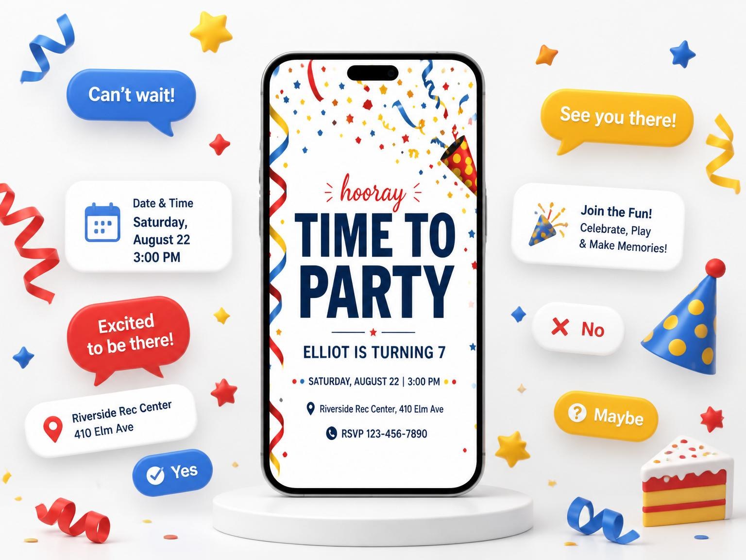 The Primary Color Confetti Birthday Invitation invitation on a phone, with guest RSVPs arriving around it