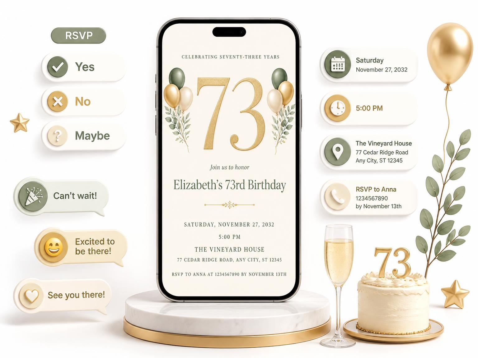 The Sage and Ivory 73rd Birthday Invitation invitation on a phone, with guest RSVPs arriving around it