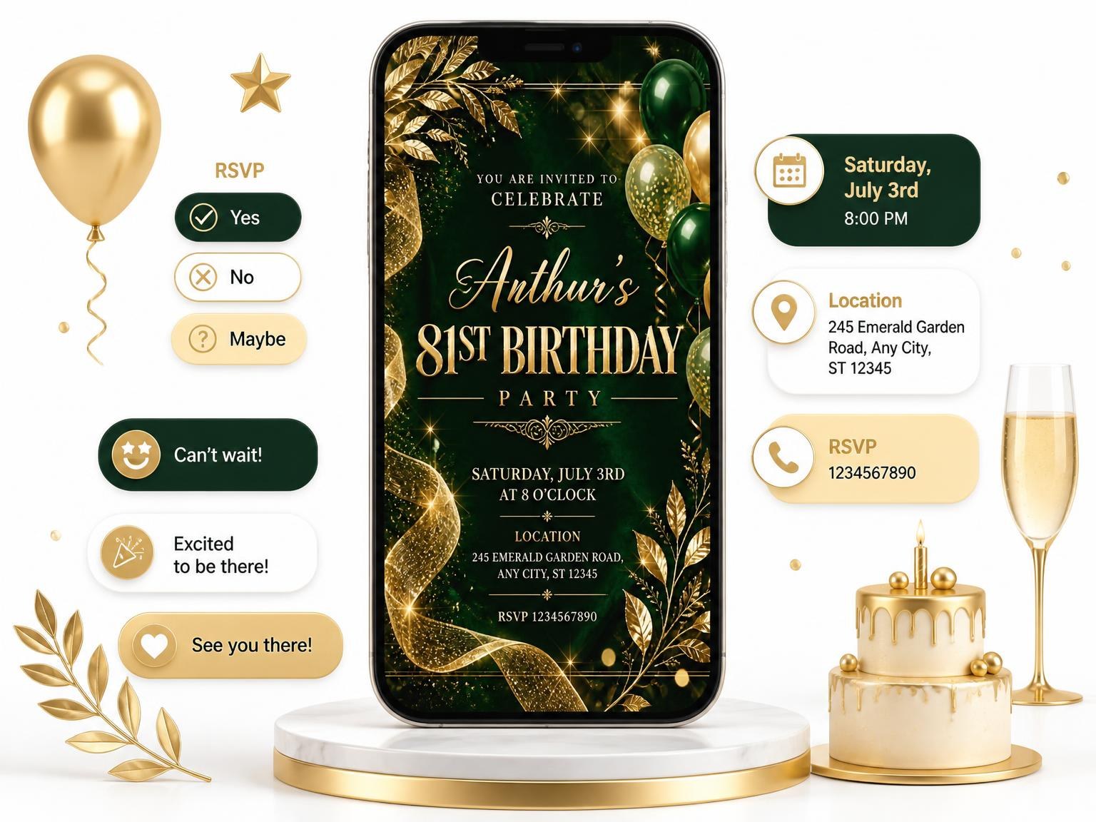 The Emerald and Champagne 81st Birthday Invitation invitation on a phone, with guest RSVPs arriving around it