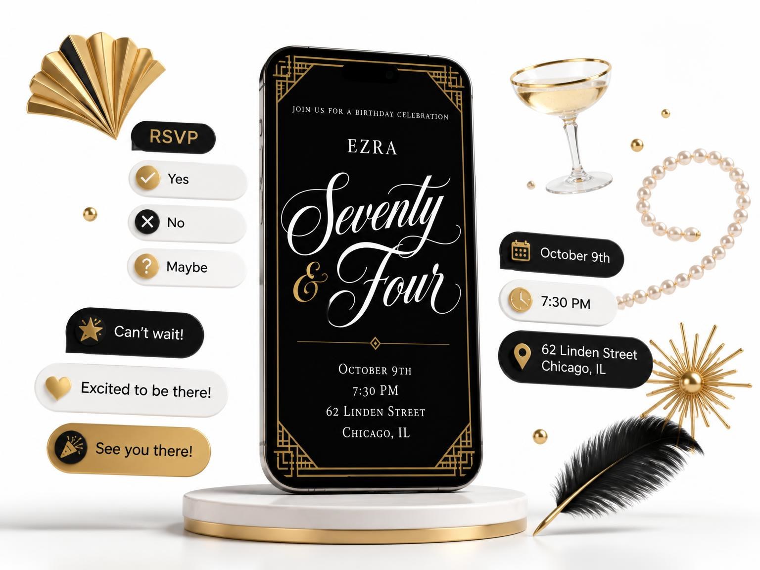 The Art Deco 74th Birthday Invitation invitation on a phone, with guest RSVPs arriving around it