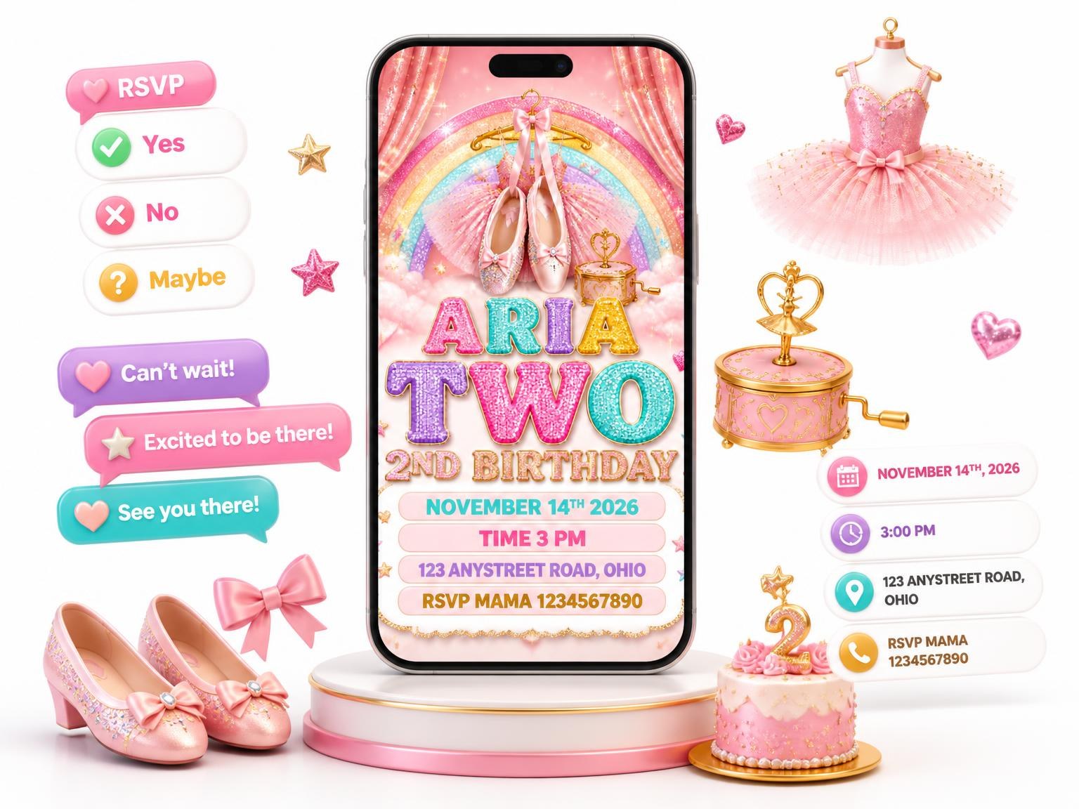The Glitter Ballet 2nd Birthday Invitation invitation on a phone, with guest RSVPs arriving around it