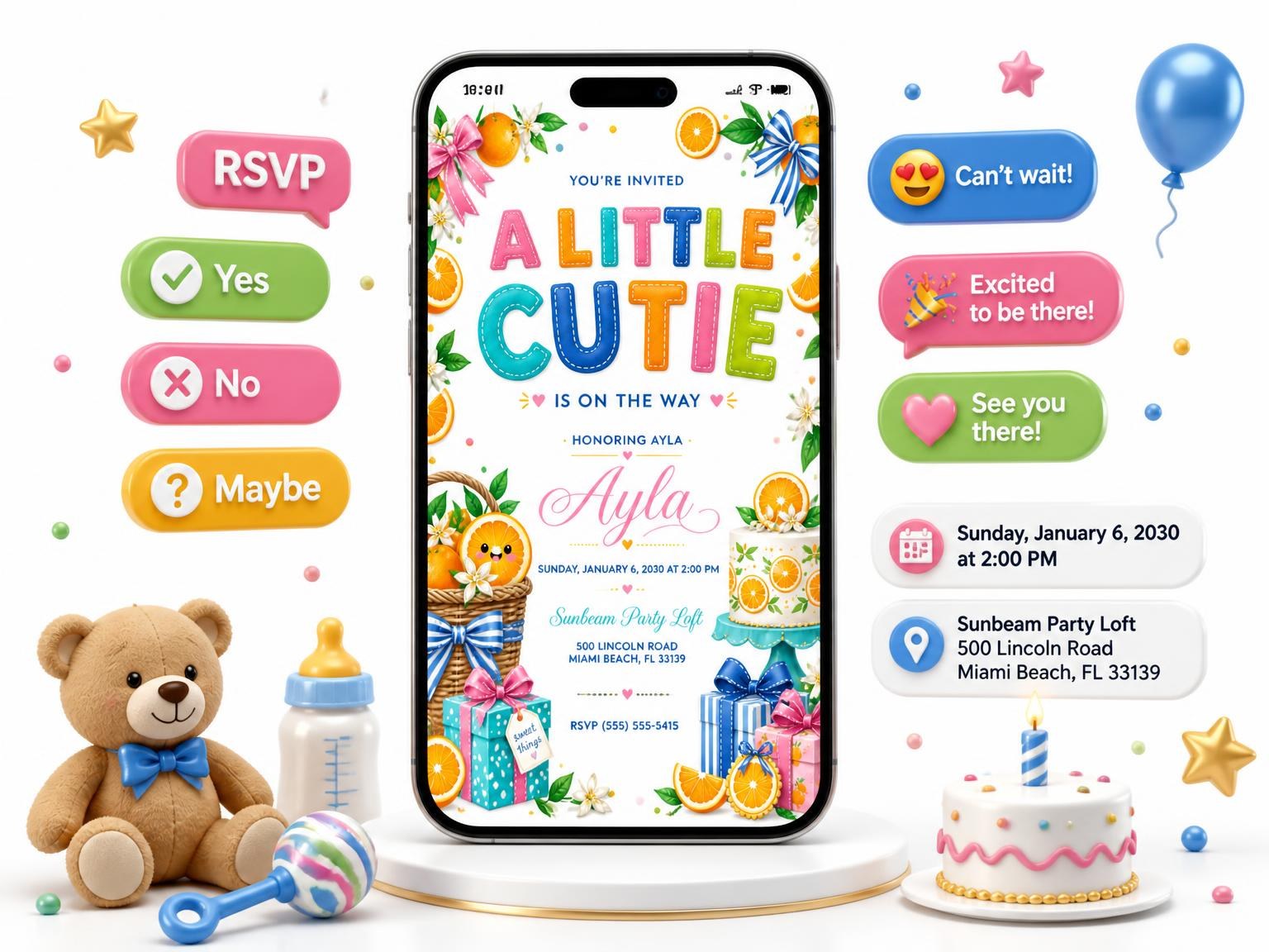 The Citrus Garland Baby Shower Invitation invitation on a phone, with guest RSVPs arriving around it