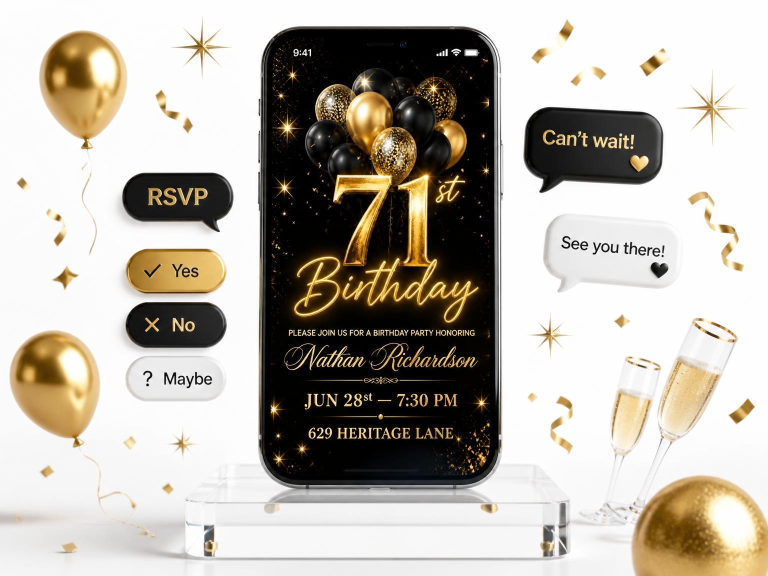 The Black and Gold Balloon 71st Birthday invitation on a phone, with guest RSVPs arriving around it