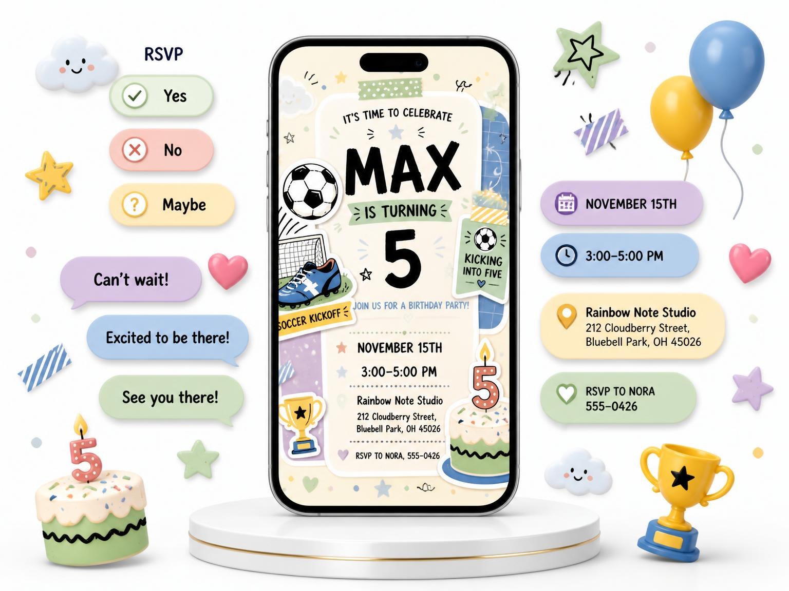 The Pastel Soccer Ball 5th Birthday Invitation invitation on a phone, with guest RSVPs arriving around it