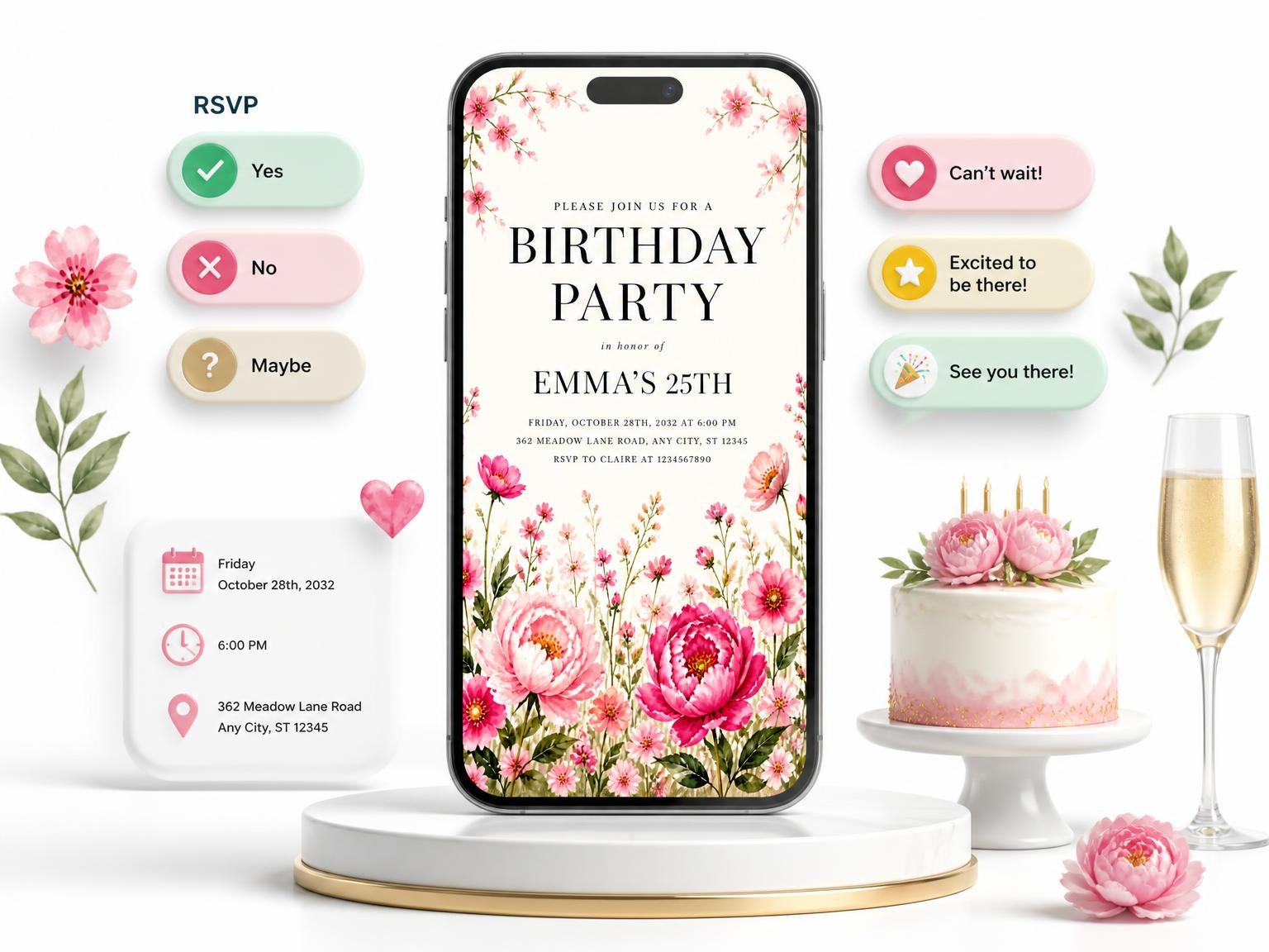 The Fuchsia Floral Garden 25th Birthday Invitation invitation on a phone, with guest RSVPs arriving around it