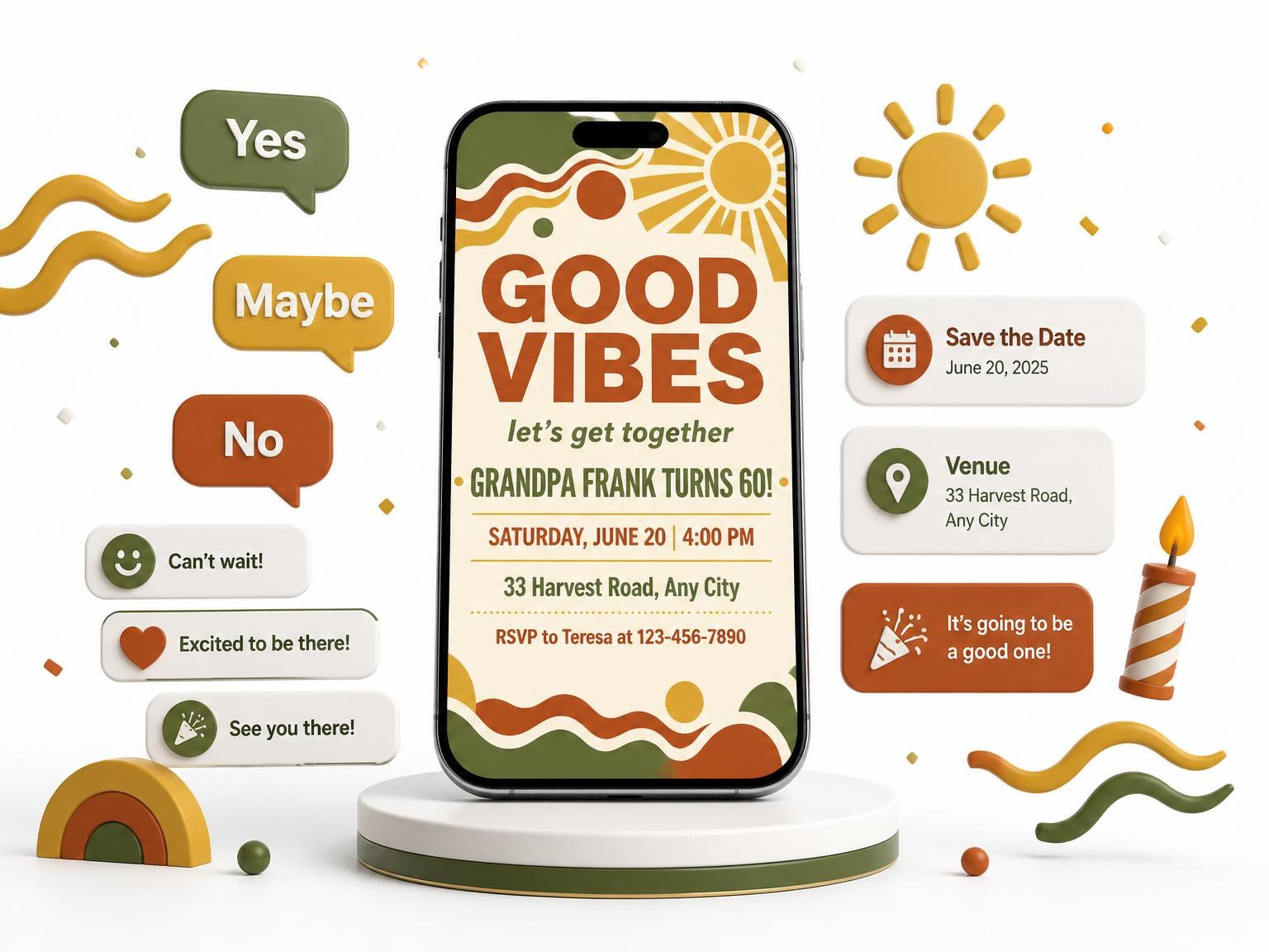 The Earth Tone Sun 60th Birthday invitation on a phone, with guest RSVPs arriving around it