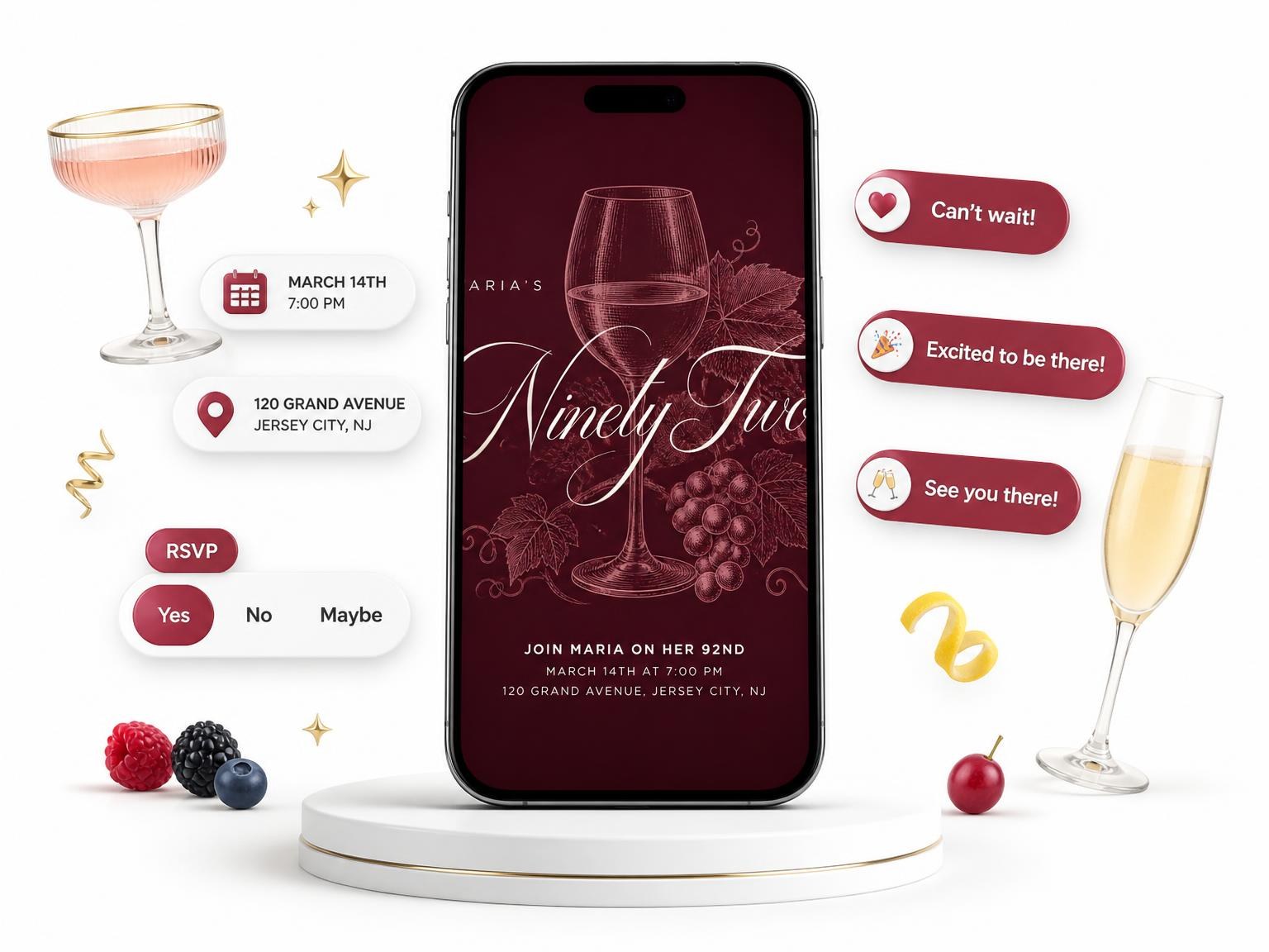 The Burgundy Cocktail 92nd Birthday Invitation invitation on a phone, with guest RSVPs arriving around it