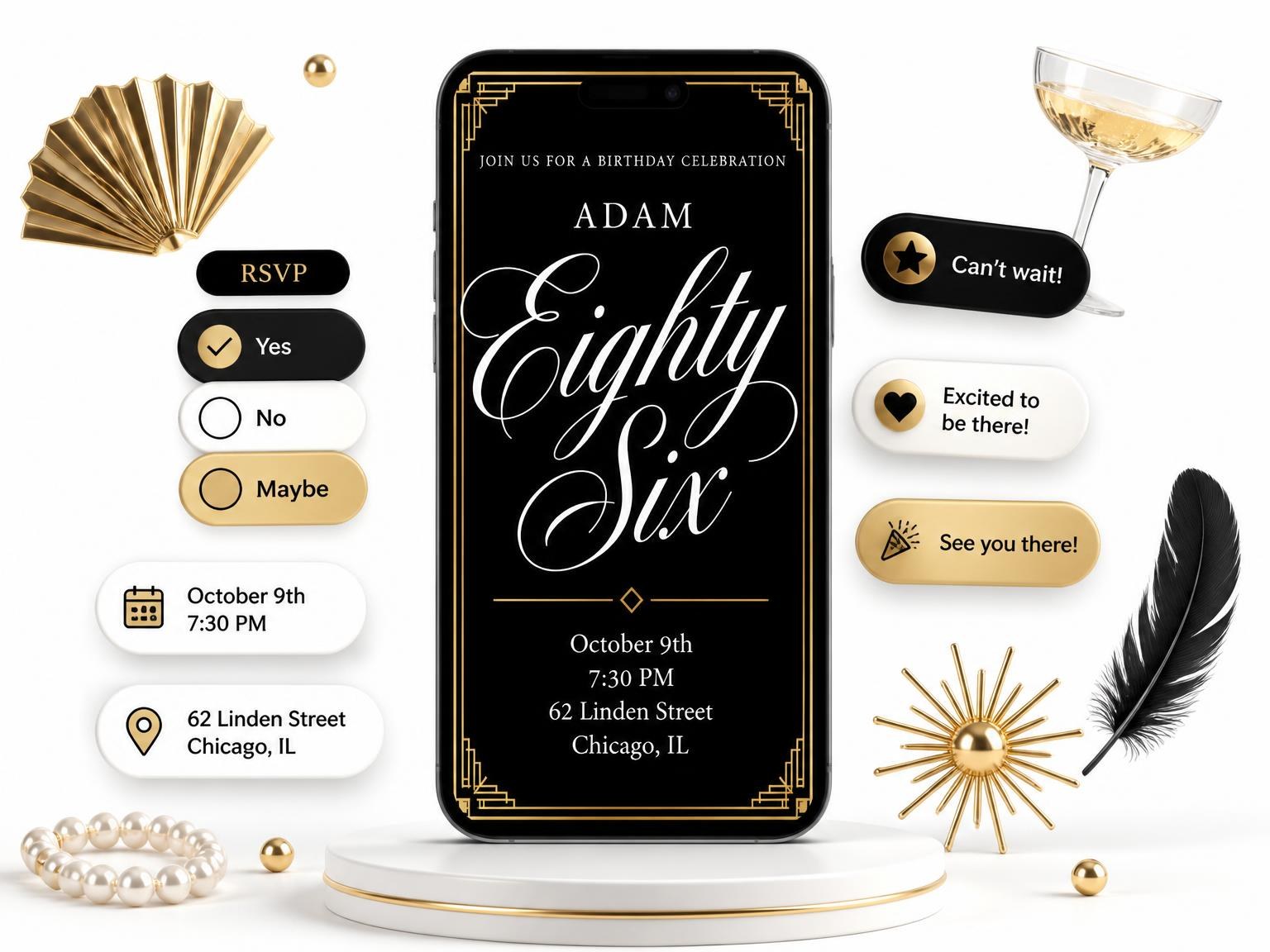 The Art Deco 86th Birthday Invitation invitation on a phone, with guest RSVPs arriving around it