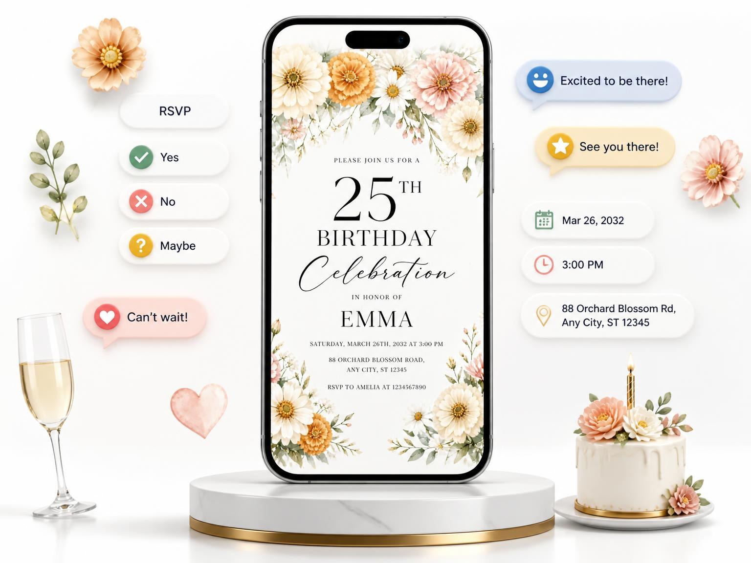 The Botanical Floral Ivory 25th Birthday Invitation invitation on a phone, with guest RSVPs arriving around it