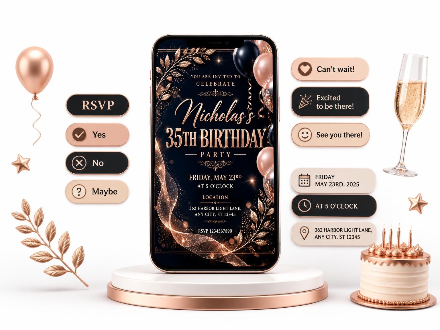 The Navy and Rose Gold 35th Birthday Invitation invitation on a phone, with guest RSVPs arriving around it
