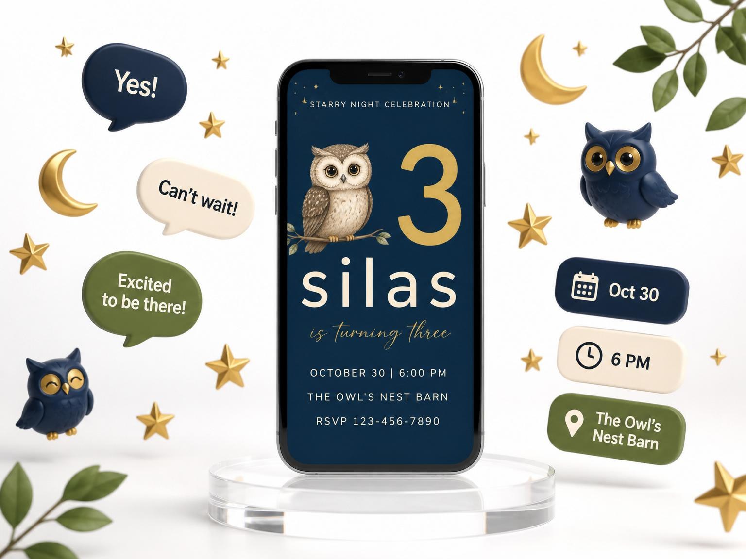 The Navy Starry Owl 3rd Birthday invitation on a phone, with guest RSVPs arriving around it