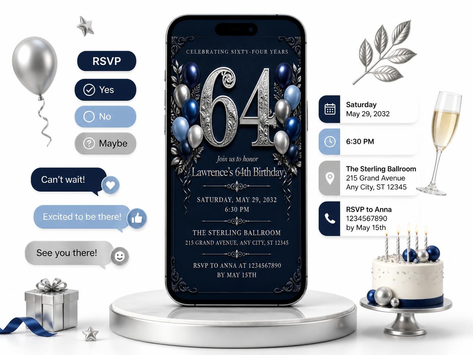 The Navy and Silver 64th Birthday Invitation invitation on a phone, with guest RSVPs arriving around it
