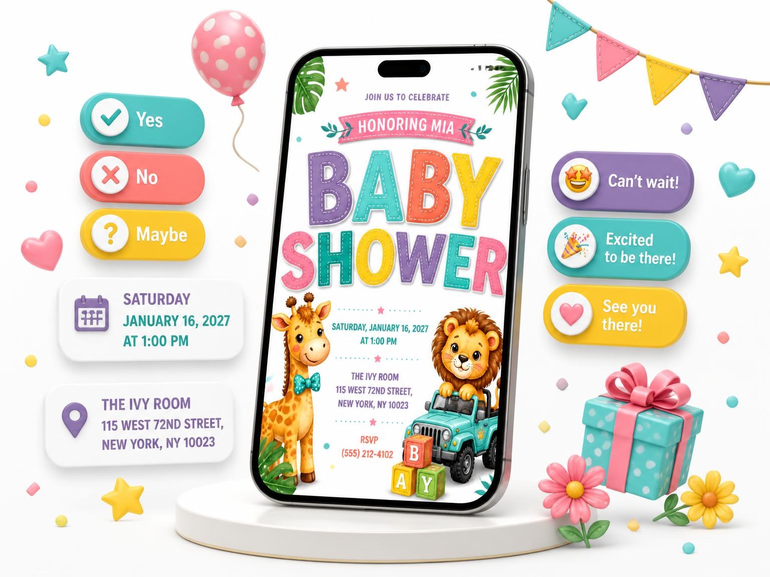 The Tropical Monstera Baby Shower Invitation invitation on a phone, with guest RSVPs arriving around it