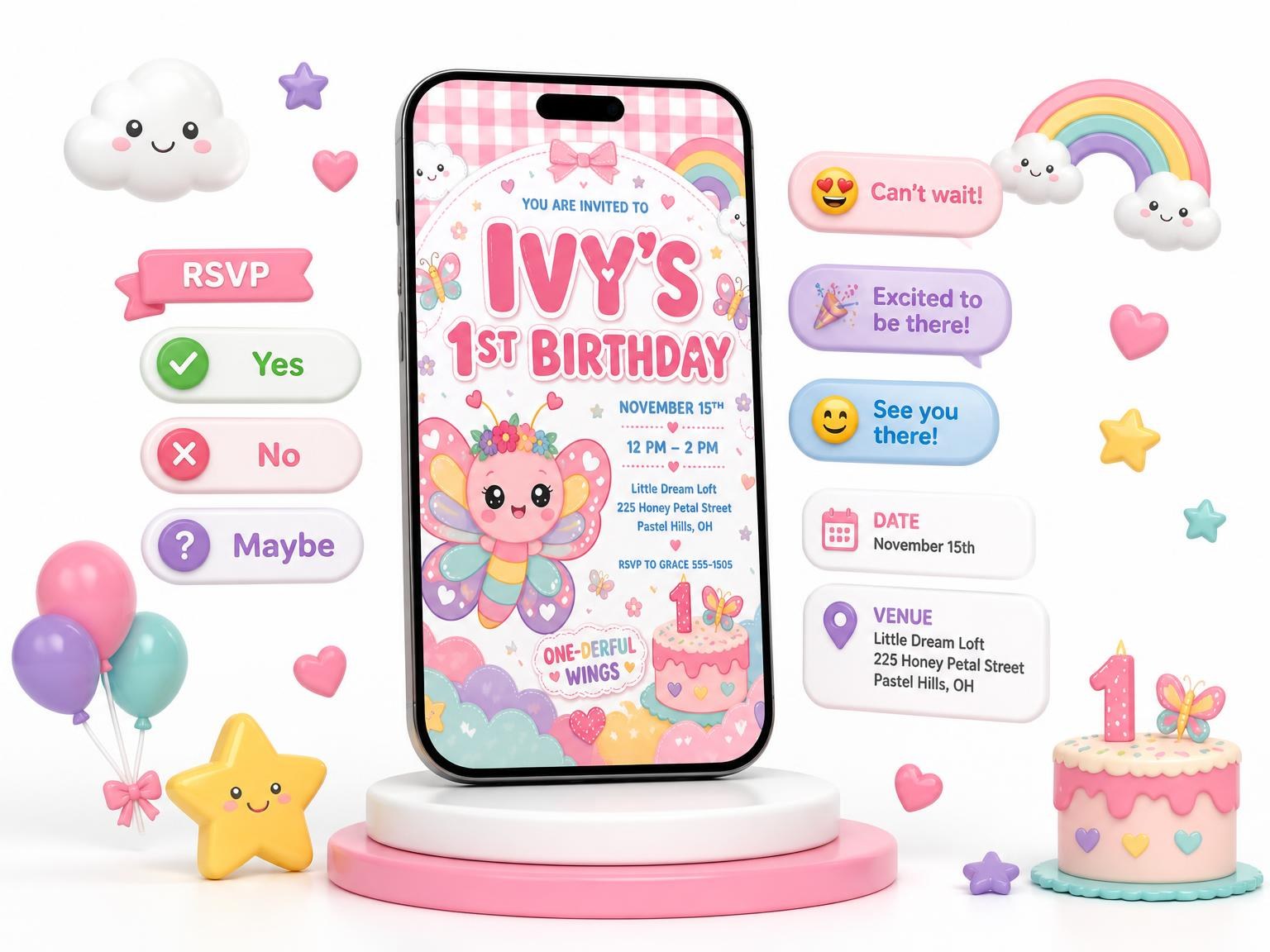 The Kawaii Butterfly 1st Birthday Invitation invitation on a phone, with guest RSVPs arriving around it