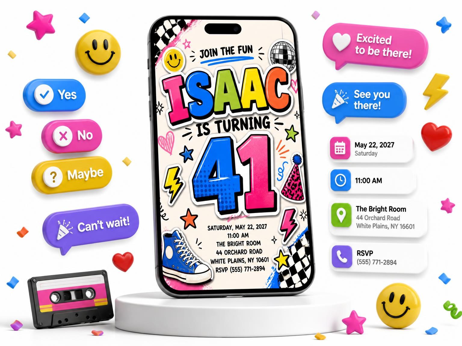 The Sticker Pop 41st Birthday Invitation invitation on a phone, with guest RSVPs arriving around it