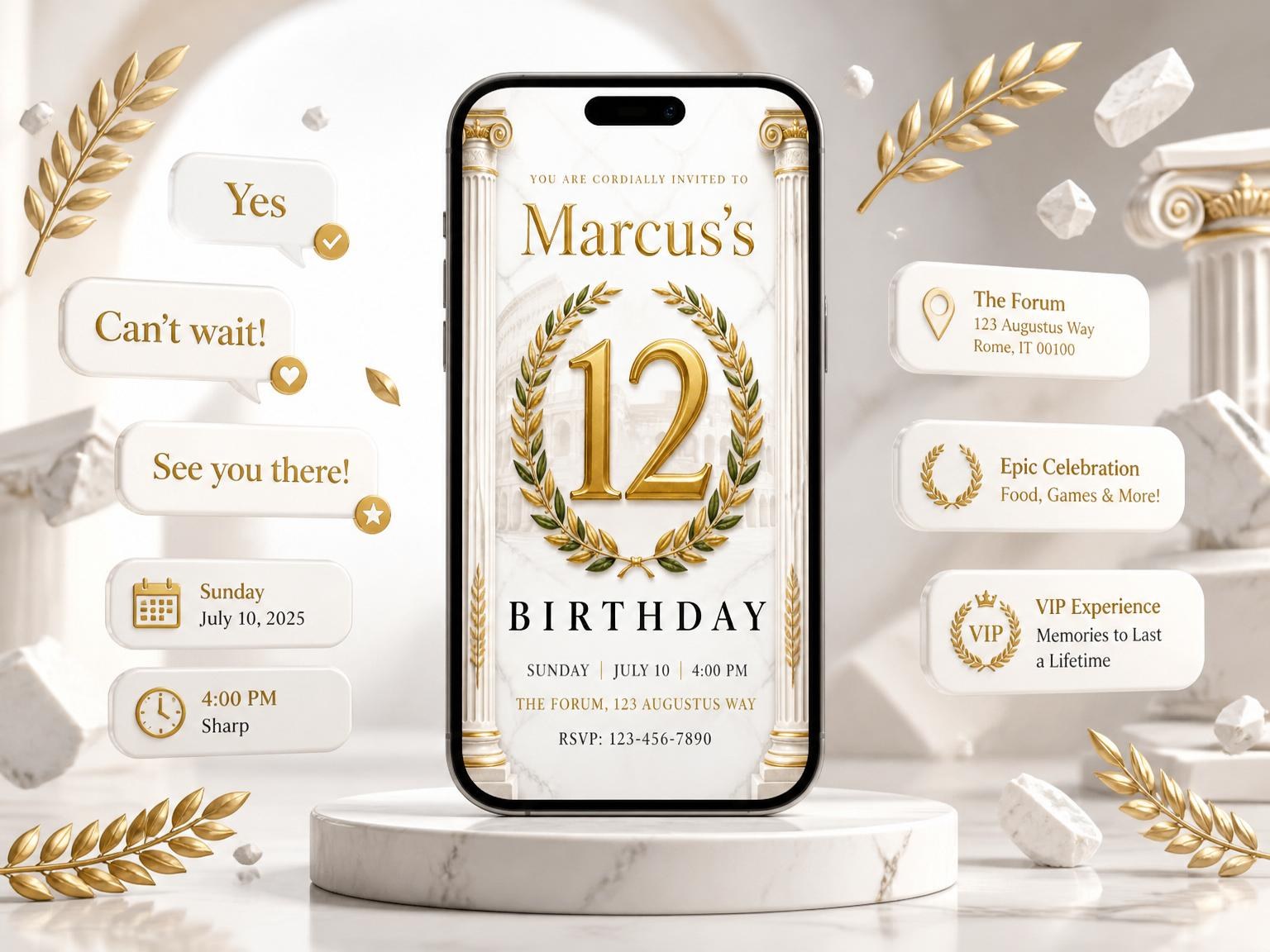 The Roman Coliseum Laurel Wreath 12th Birthday invitation on a phone, with guest RSVPs arriving around it
