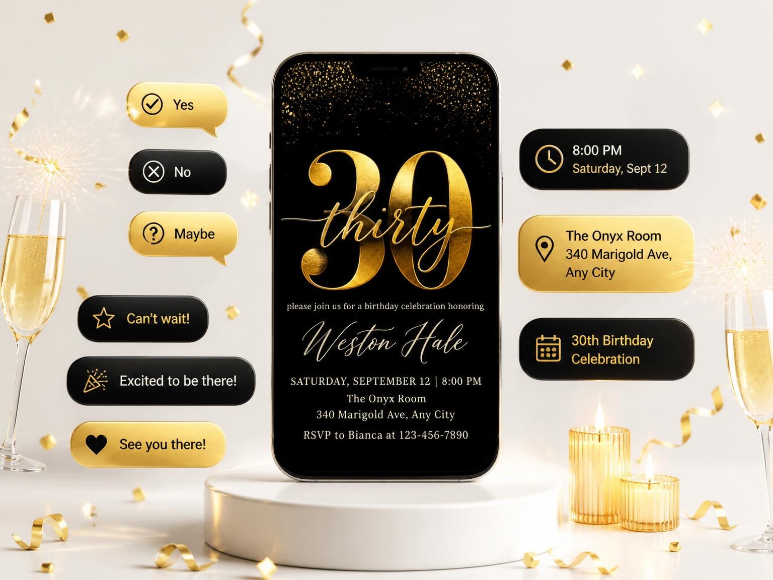 The Gold Foil 30th Birthday Invitation invitation on a phone, with guest RSVPs arriving around it