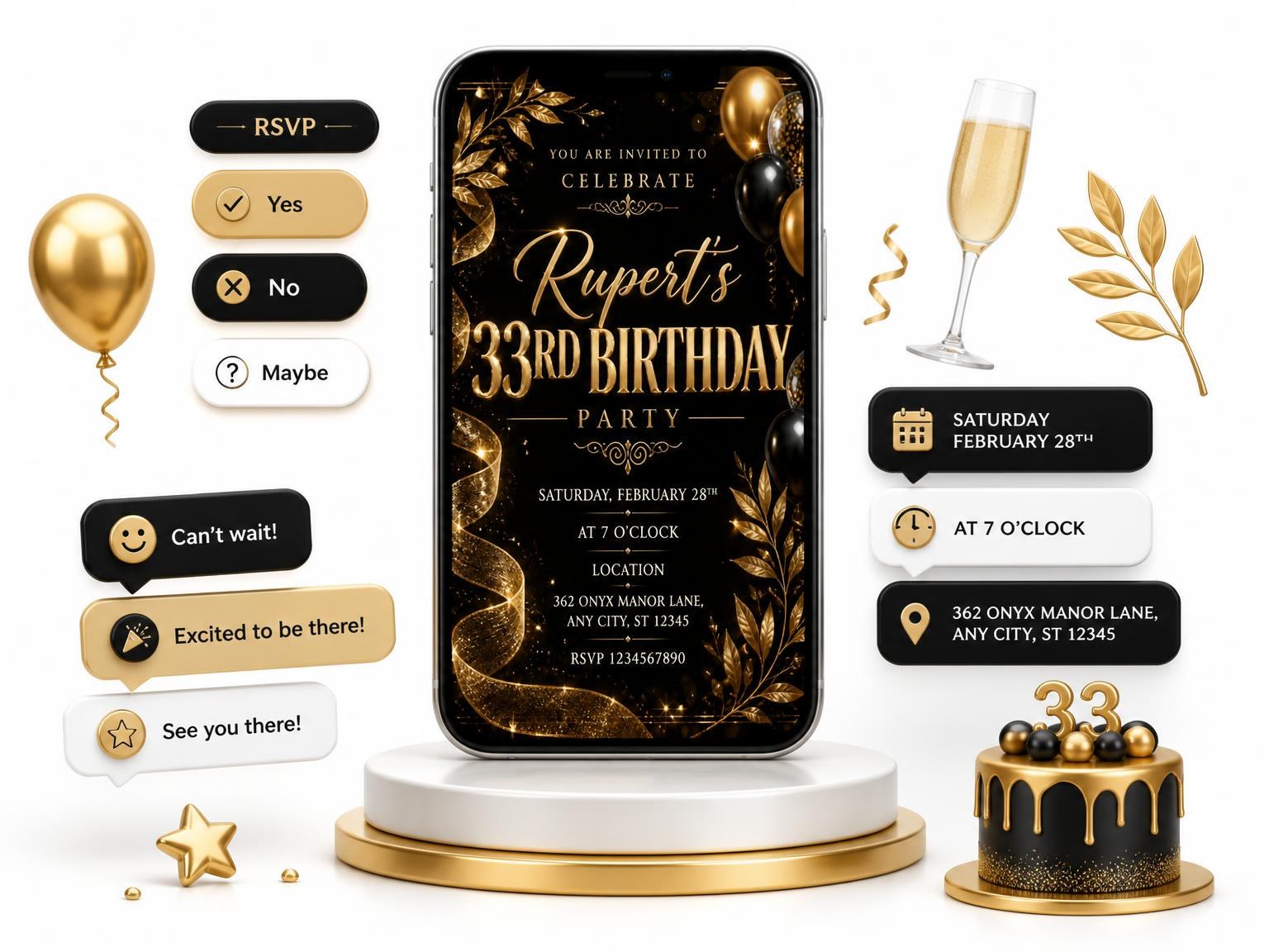The Black and Gold 33rd Birthday Invitation invitation on a phone, with guest RSVPs arriving around it