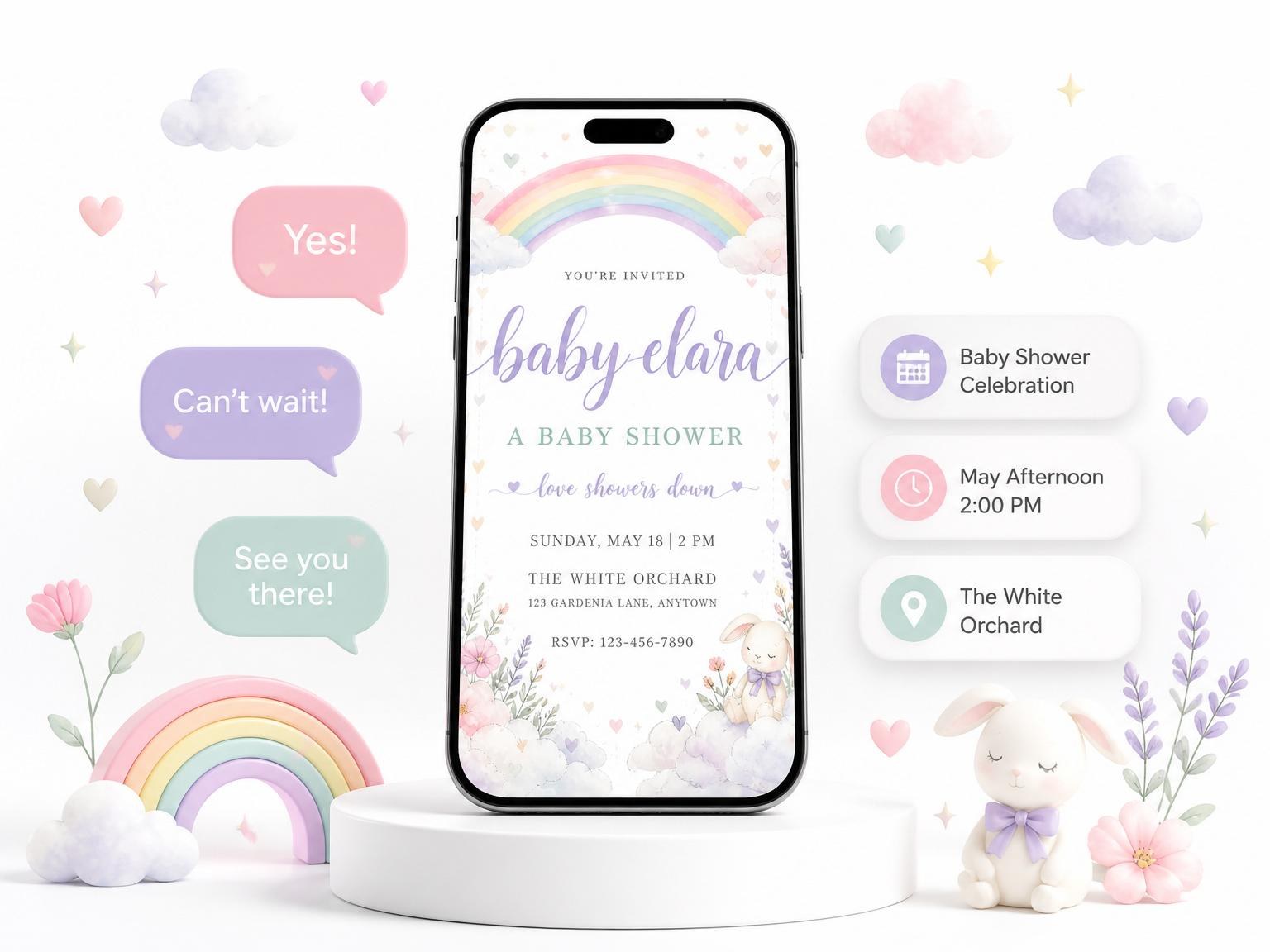 The Watercolor Bunny Rainbow Baby Shower invitation on a phone, with guest RSVPs arriving around it