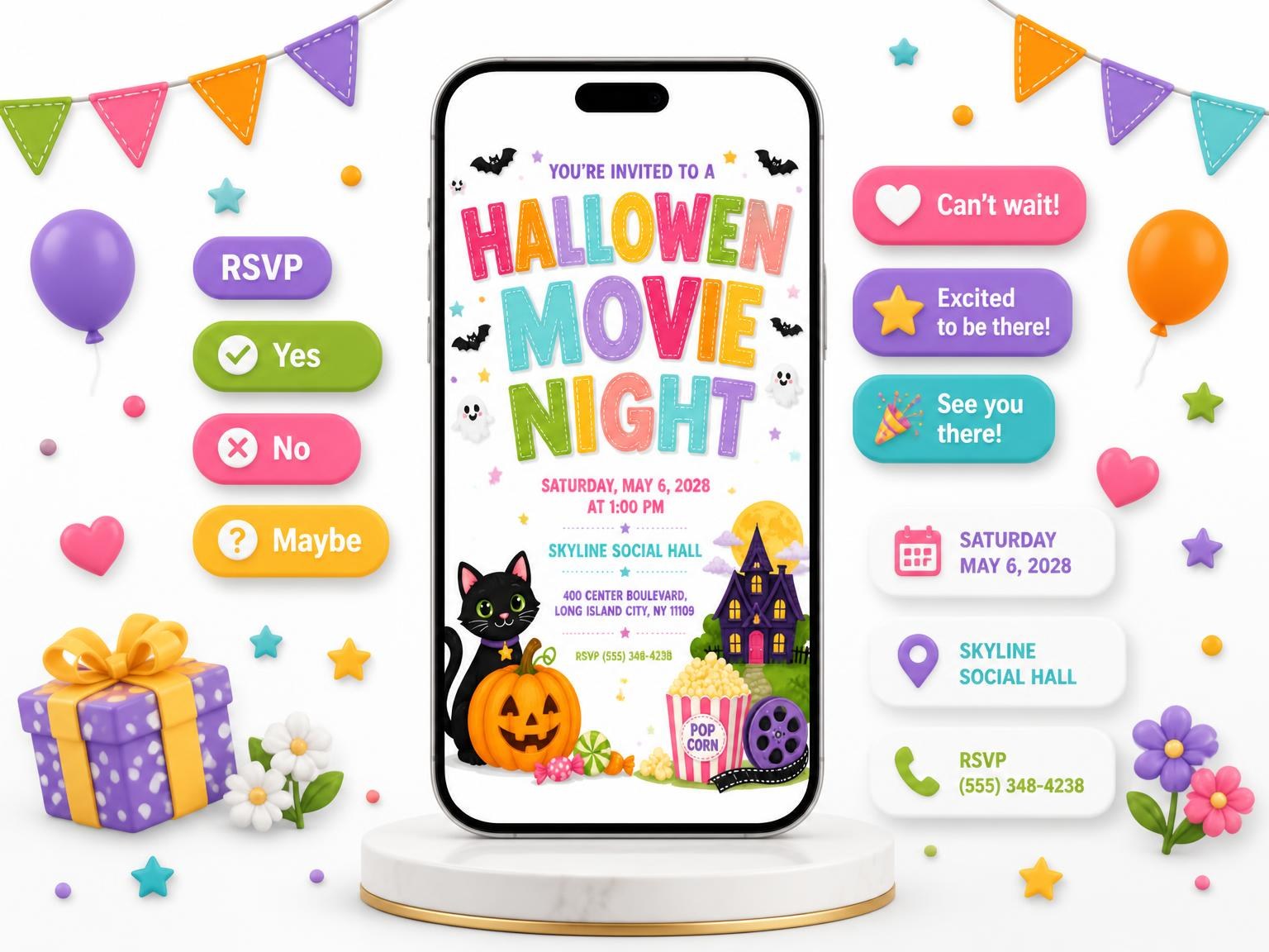 The Black Cat Halloween Movie Night Invitation invitation on a phone, with guest RSVPs arriving around it