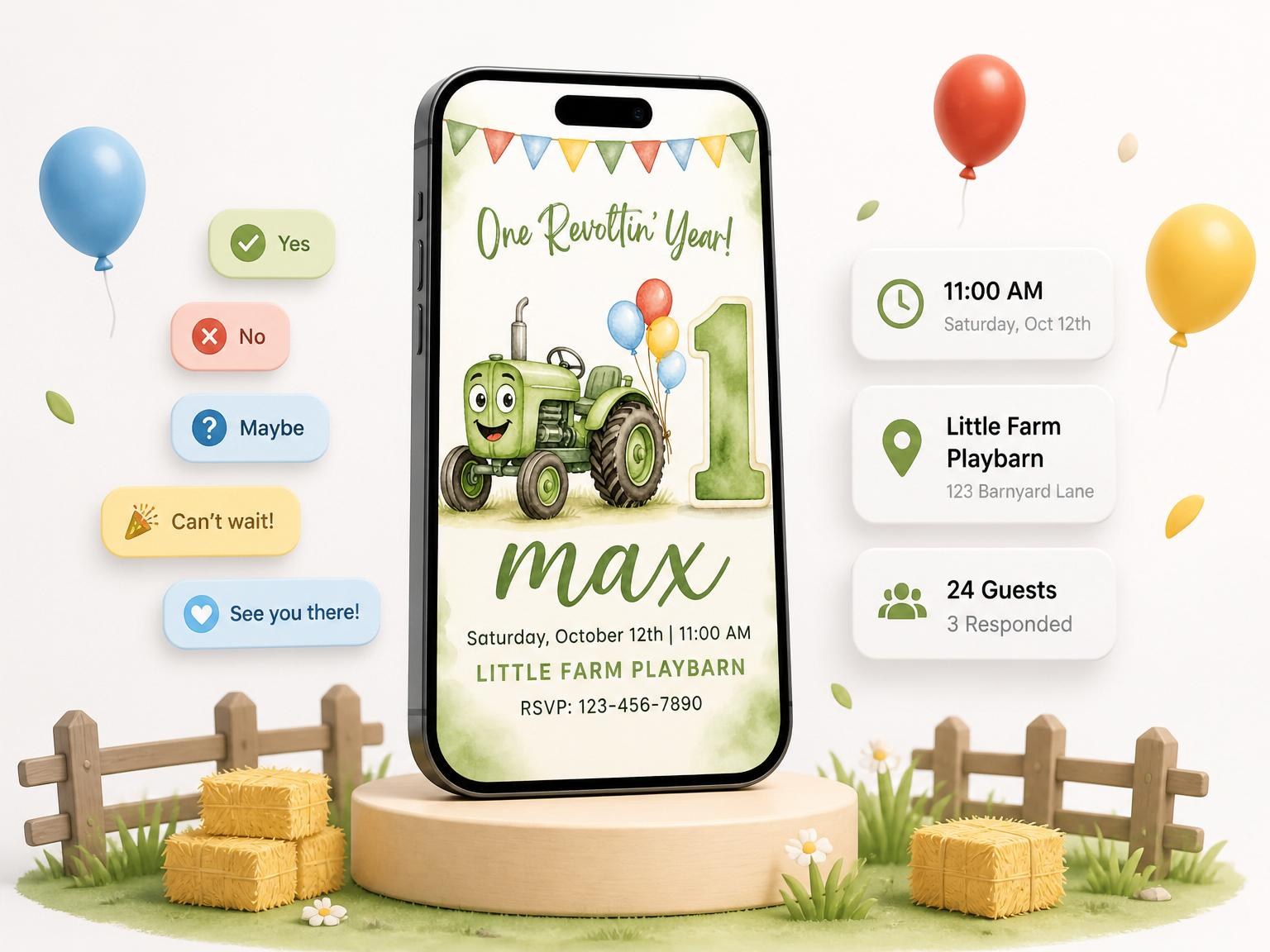 The Watercolor Tractor Farm 1st Birthday invitation on a phone, with guest RSVPs arriving around it