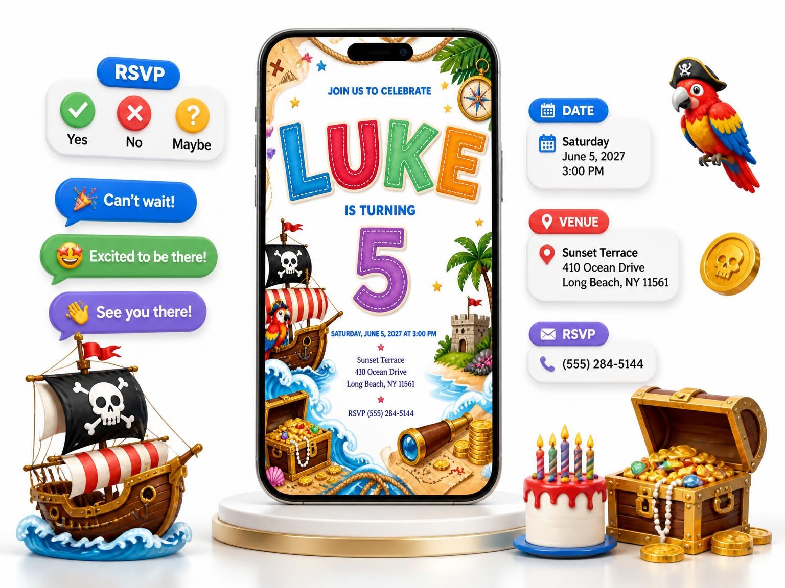 The Pirate Adventure 5th Birthday Invitation invitation on a phone, with guest RSVPs arriving around it