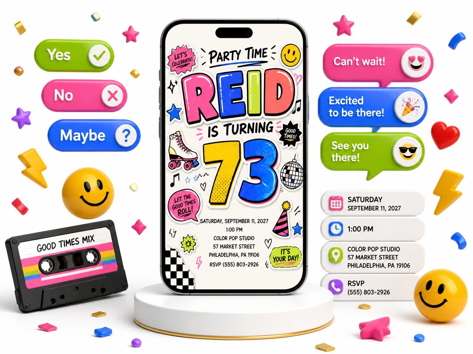 The Sticker Pop 73rd Birthday Invitation invitation on a phone, with guest RSVPs arriving around it