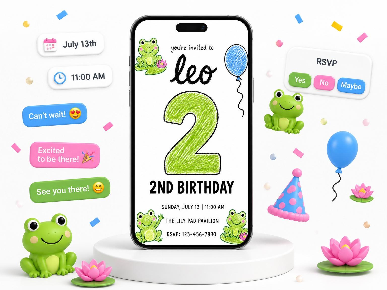 The Crayon Frog Balloon 2nd Birthday invitation on a phone, with guest RSVPs arriving around it