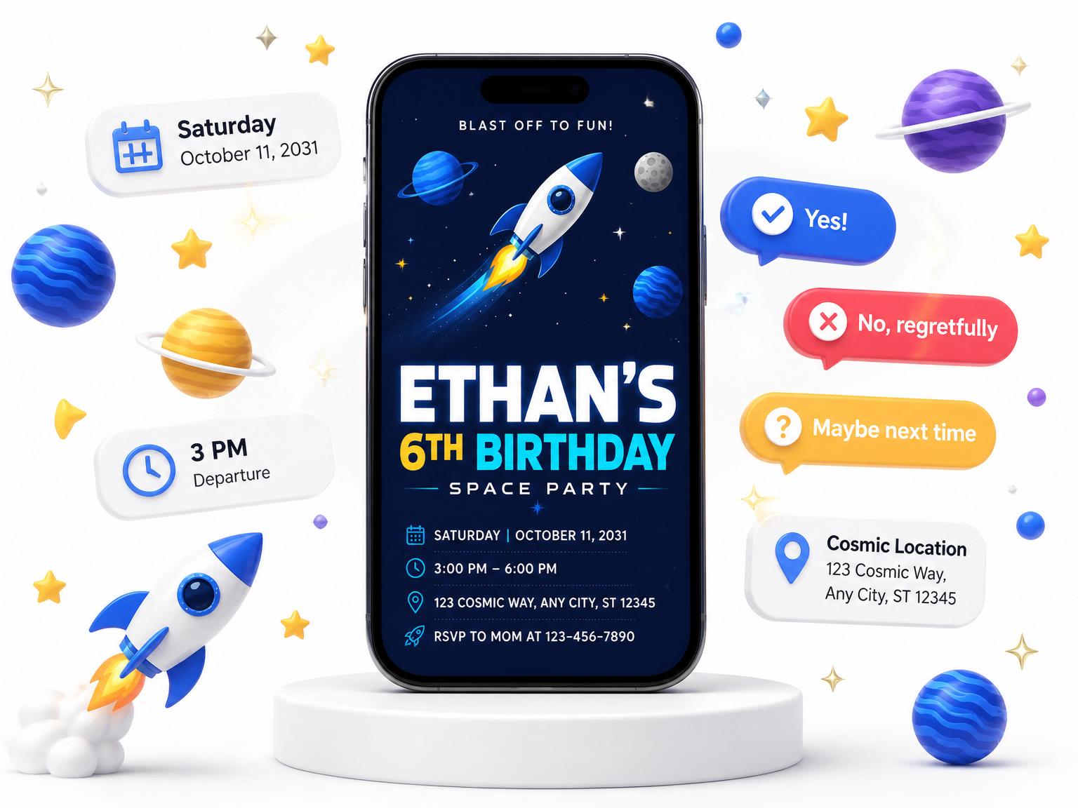 The Blast Off Cosmic Space Birthday invitation on a phone, with guest RSVPs arriving around it