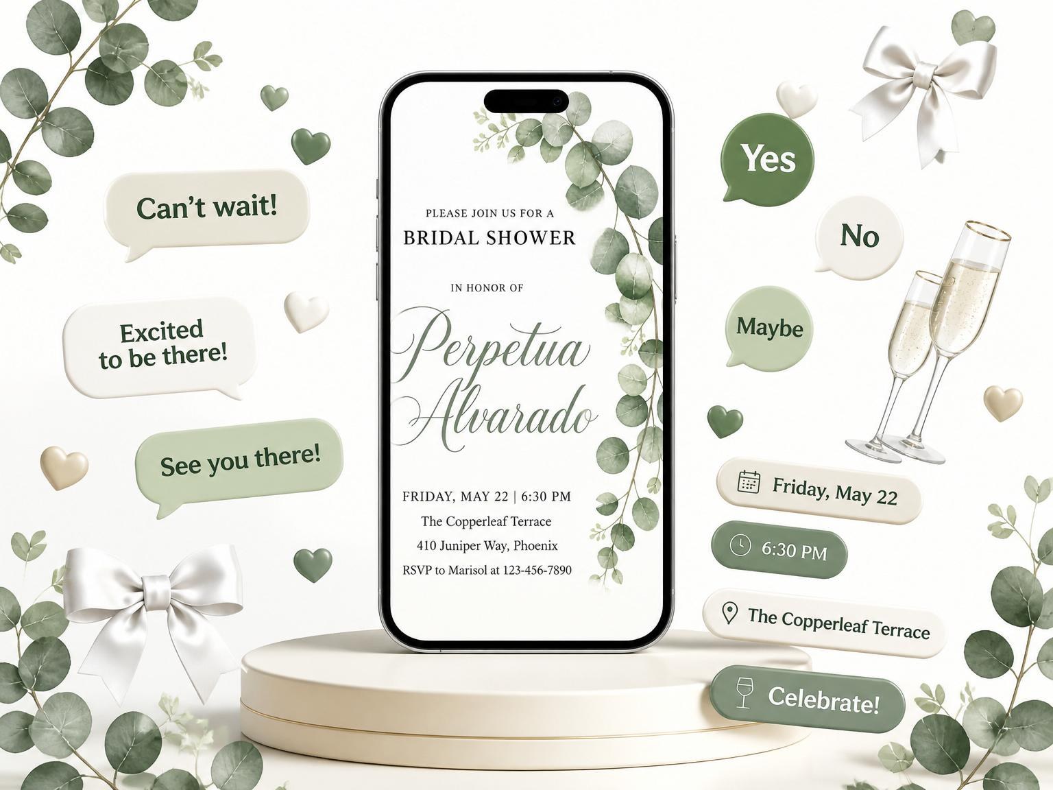 The Cream Watercolor Eucalyptus Bridal Shower invitation on a phone, with guest RSVPs arriving around it