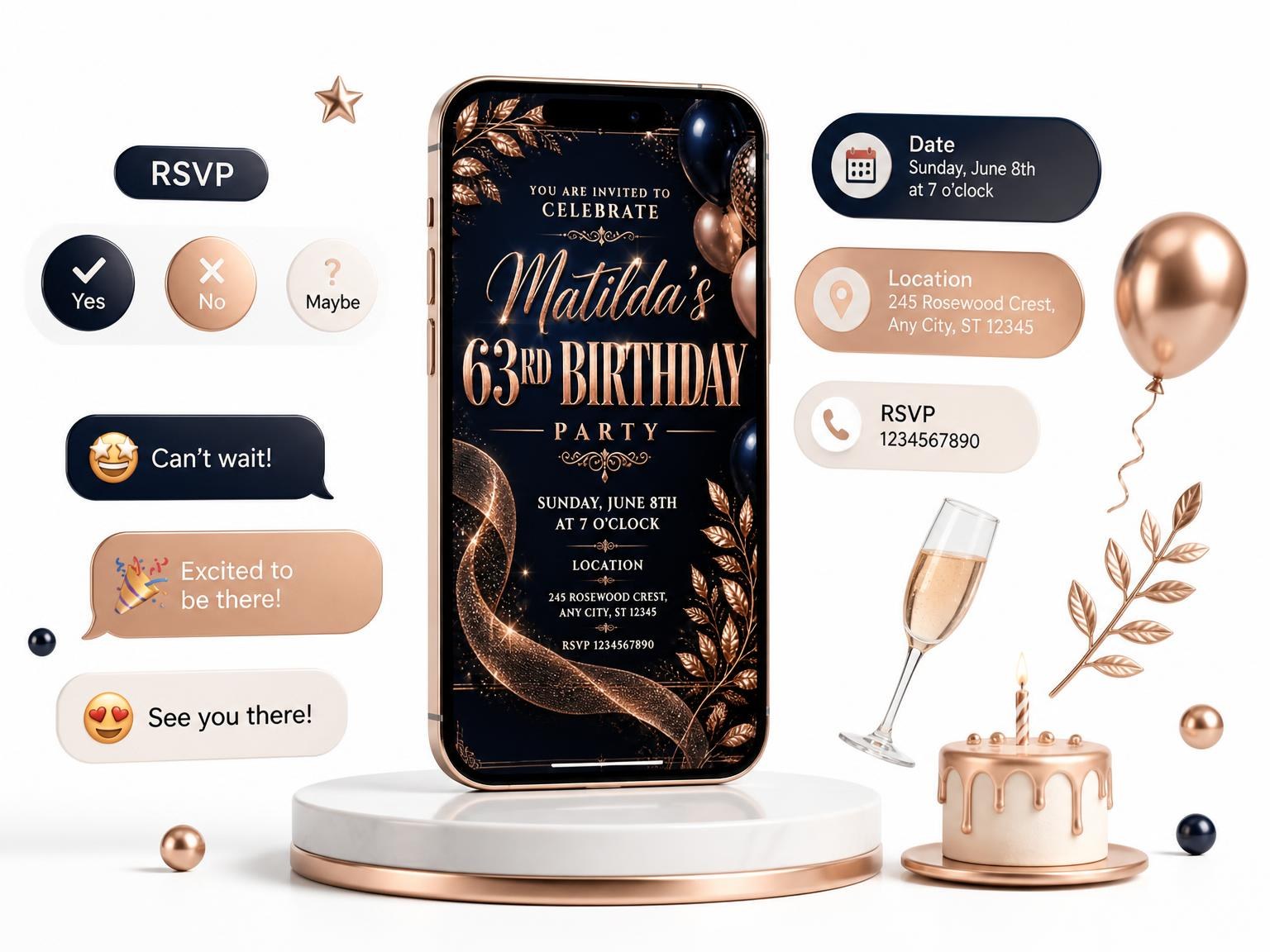 The Navy and Rose Gold 63rd Birthday Invitation invitation on a phone, with guest RSVPs arriving around it