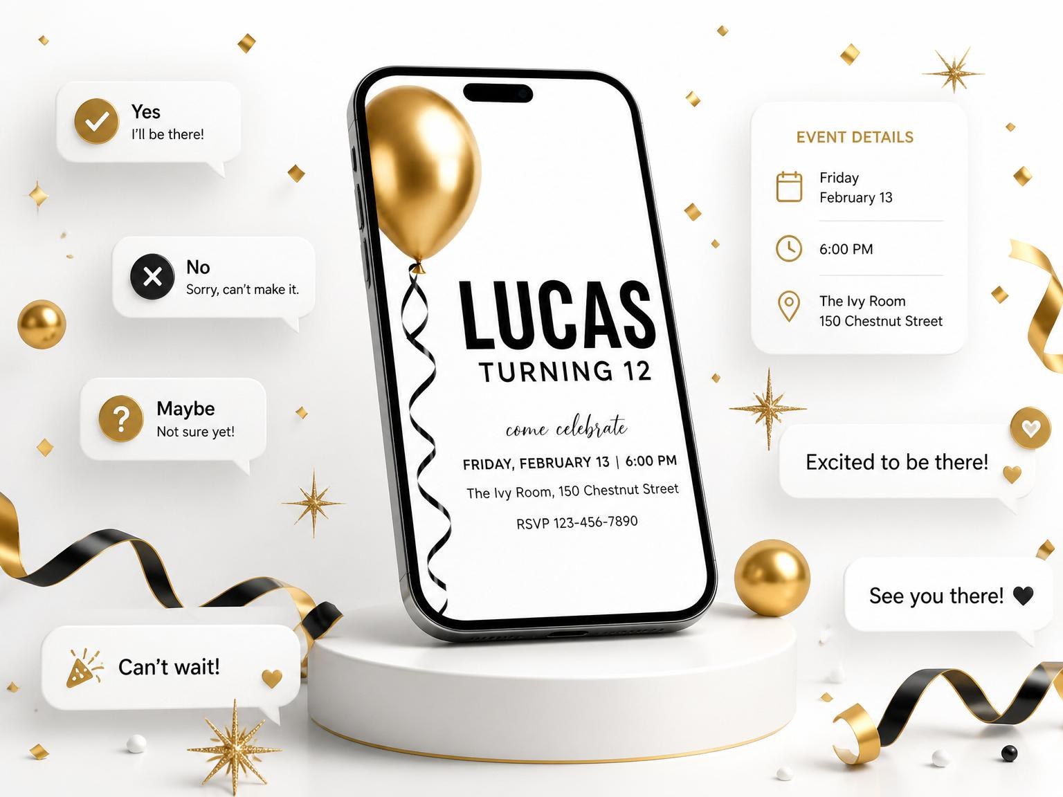The Metallic Gold Balloon 12th Birthday Invitation invitation on a phone, with guest RSVPs arriving around it