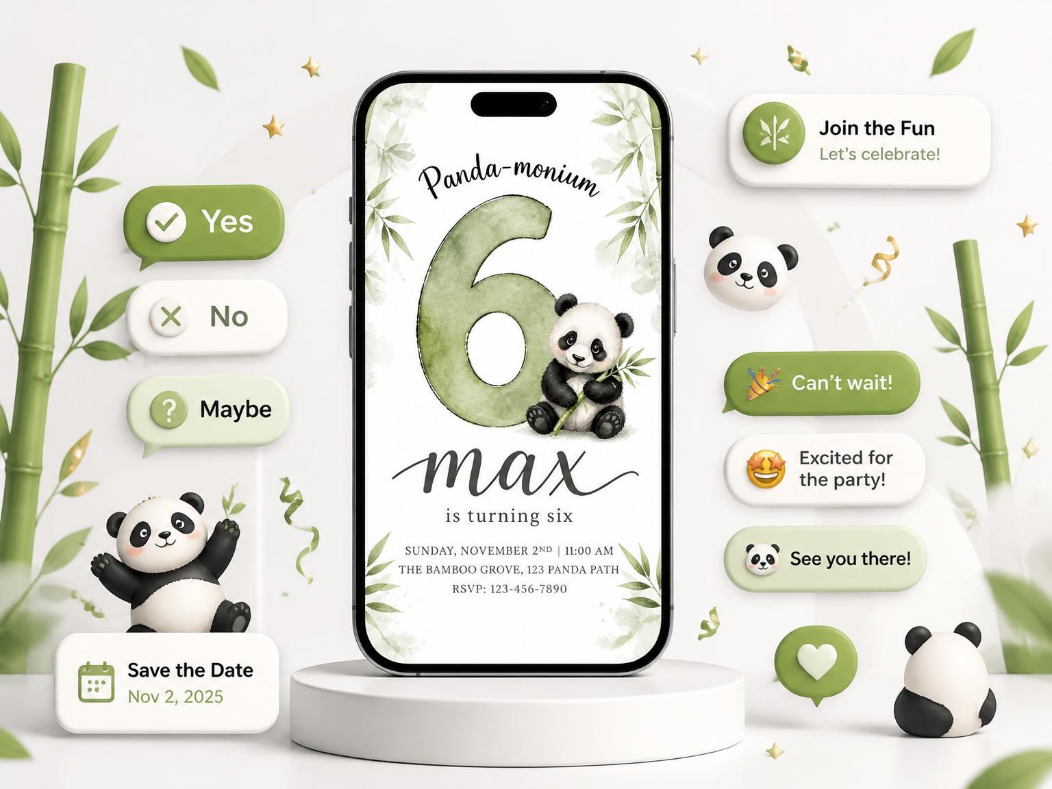 The Watercolor Panda Bamboo Forest 6th Birthday invitation on a phone, with guest RSVPs arriving around it
