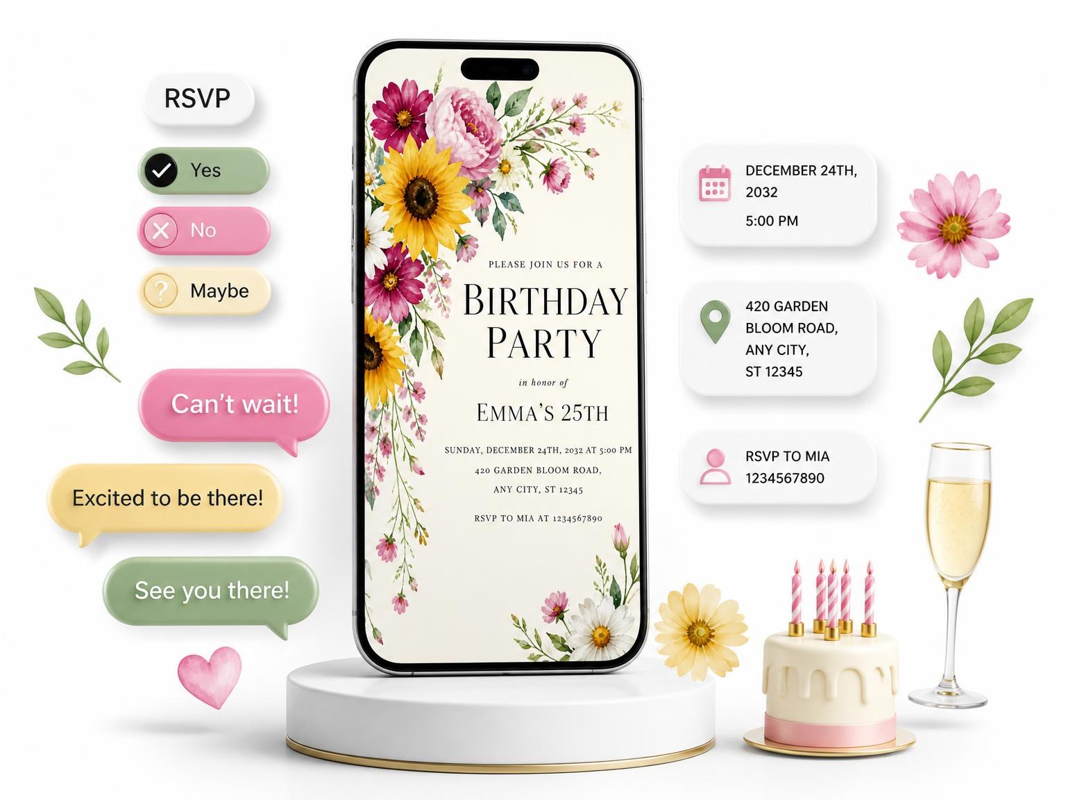 The Fuchsia Botanical 25th Birthday Invitation invitation on a phone, with guest RSVPs arriving around it