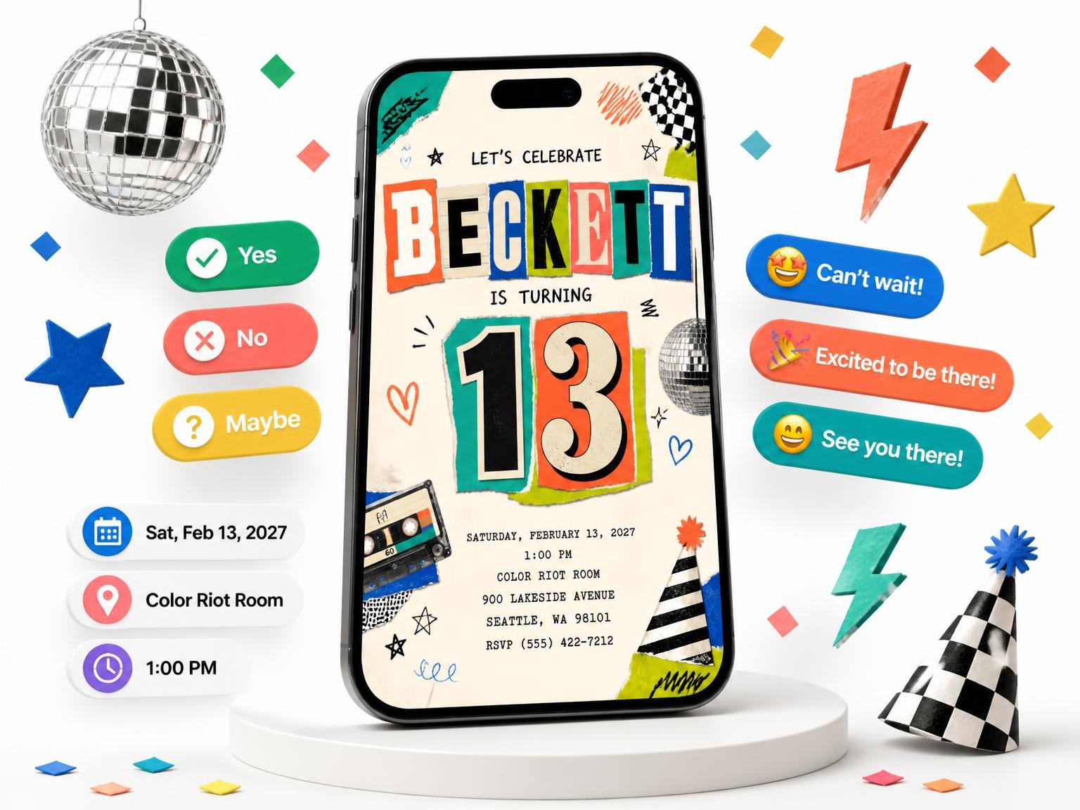The Retro Paper Collage 13th Birthday Invitation invitation on a phone, with guest RSVPs arriving around it