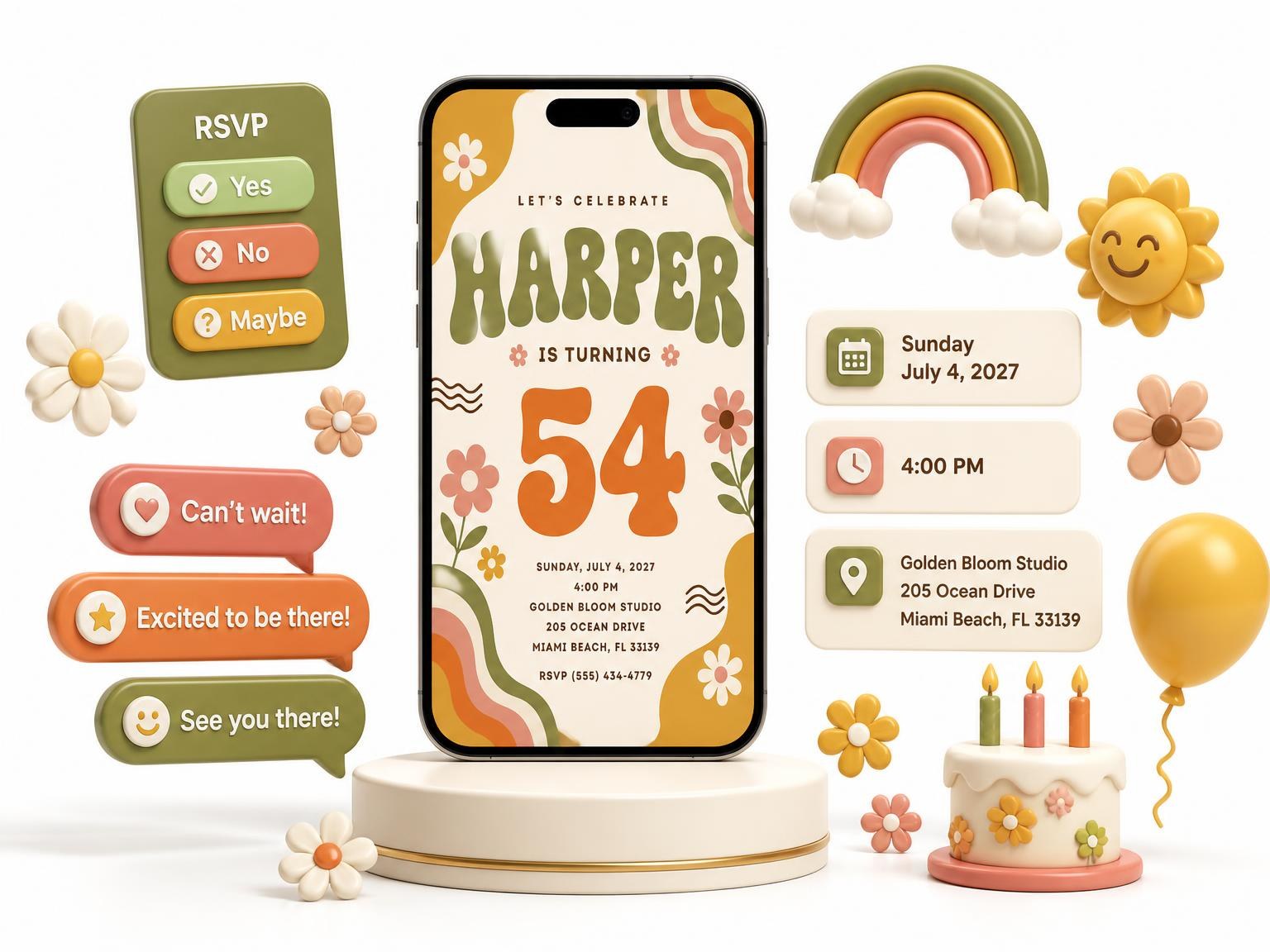The Groovy Retro 54th Birthday Invitation invitation on a phone, with guest RSVPs arriving around it