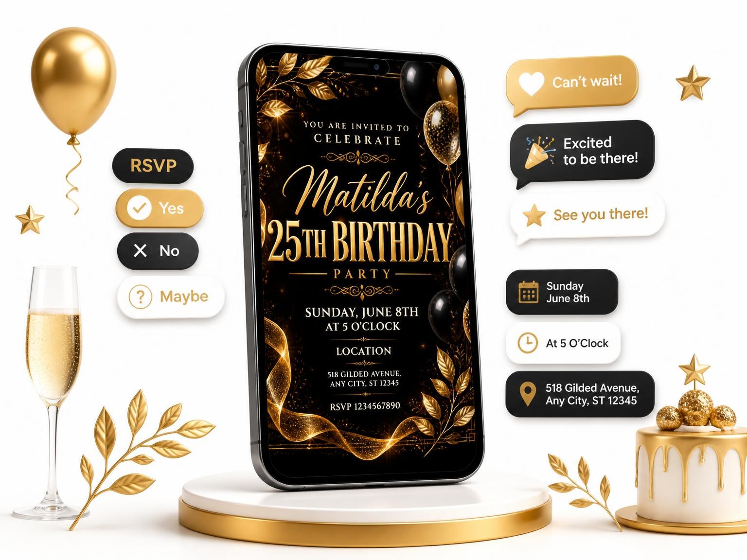 The Gold Ribbon and Foliage 25th Birthday Invitation invitation on a phone, with guest RSVPs arriving around it