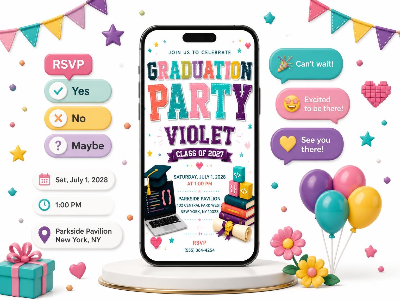 The Book Stack Graduation Party Invitation invitation on a phone, with guest RSVPs arriving around it