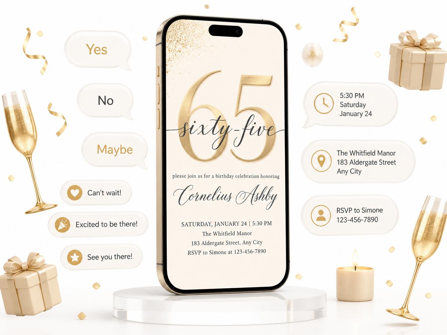 The Elegant 65th Birthday invitation on a phone, with guest RSVPs arriving around it