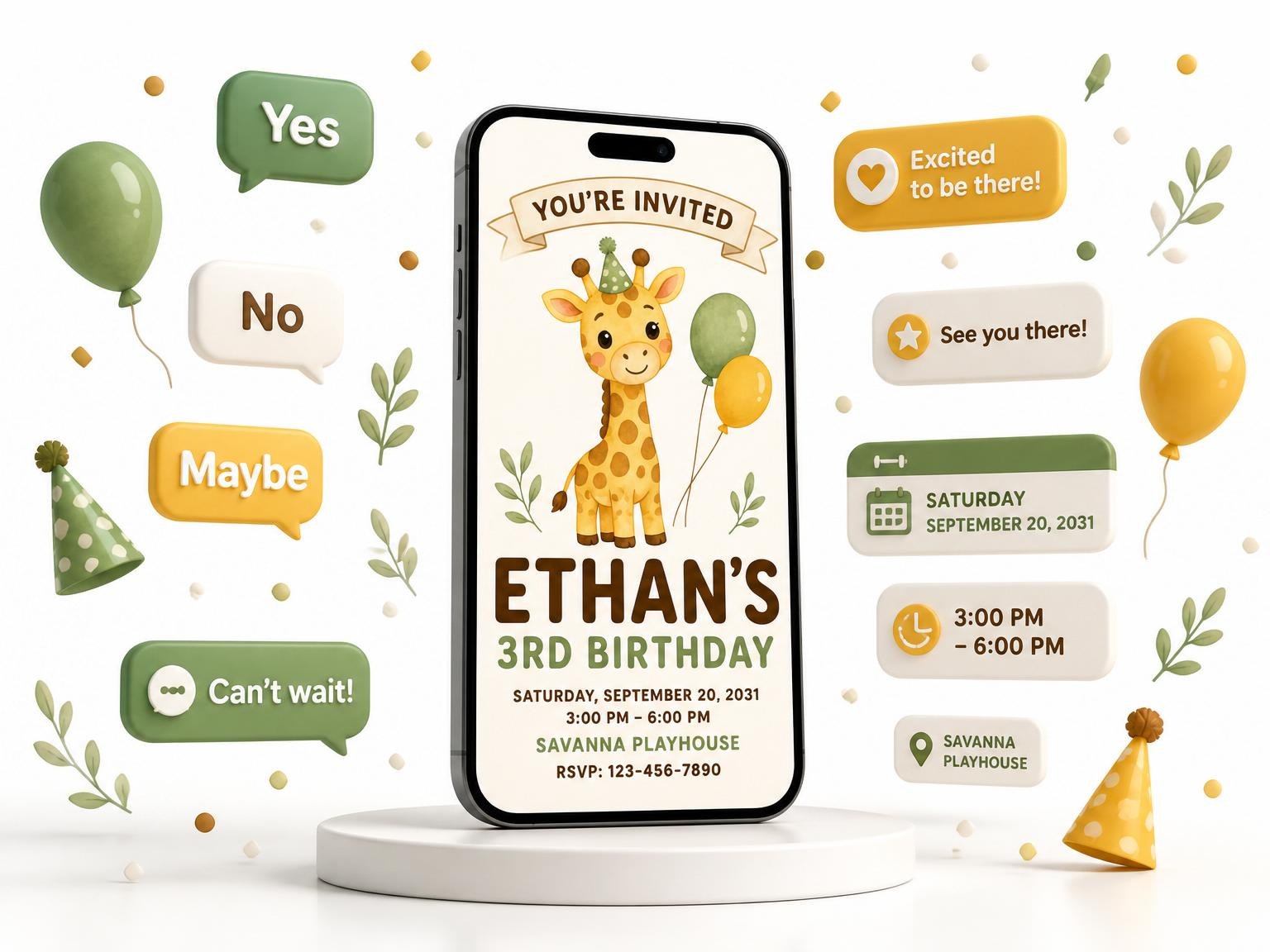 The Watercolor Safari Giraffe 3rd Birthday invitation on a phone, with guest RSVPs arriving around it