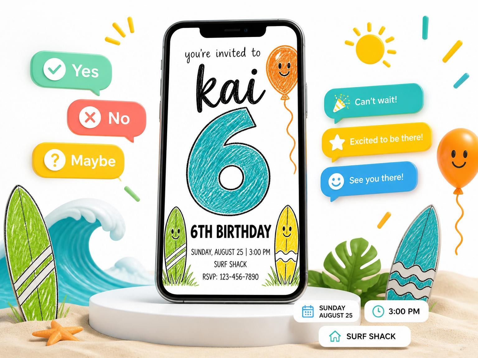 The Crayon Surfboard Beach Themed 6th Birthday invitation on a phone, with guest RSVPs arriving around it