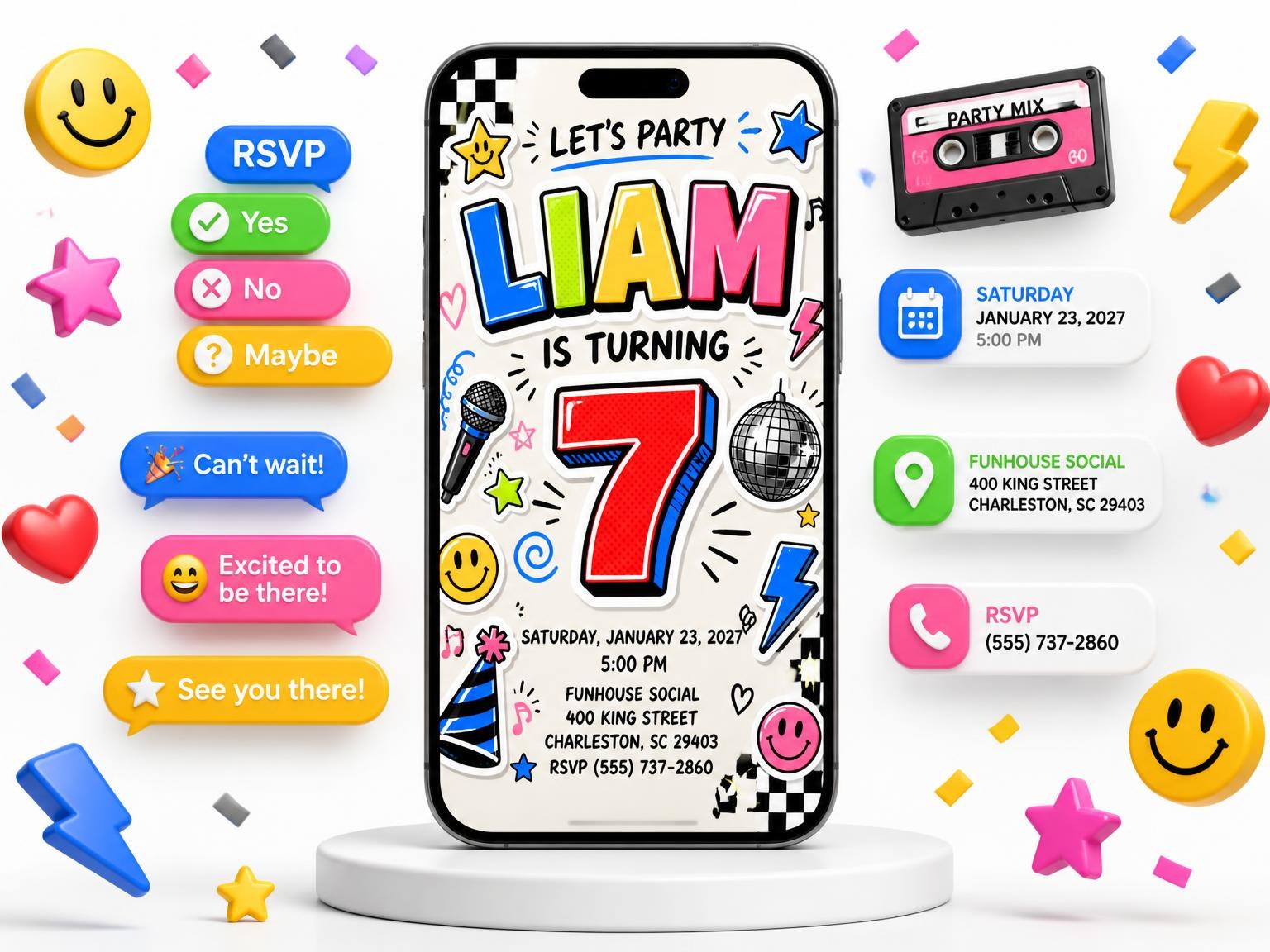 The Sticker Pop 7th Birthday Invitation invitation on a phone, with guest RSVPs arriving around it